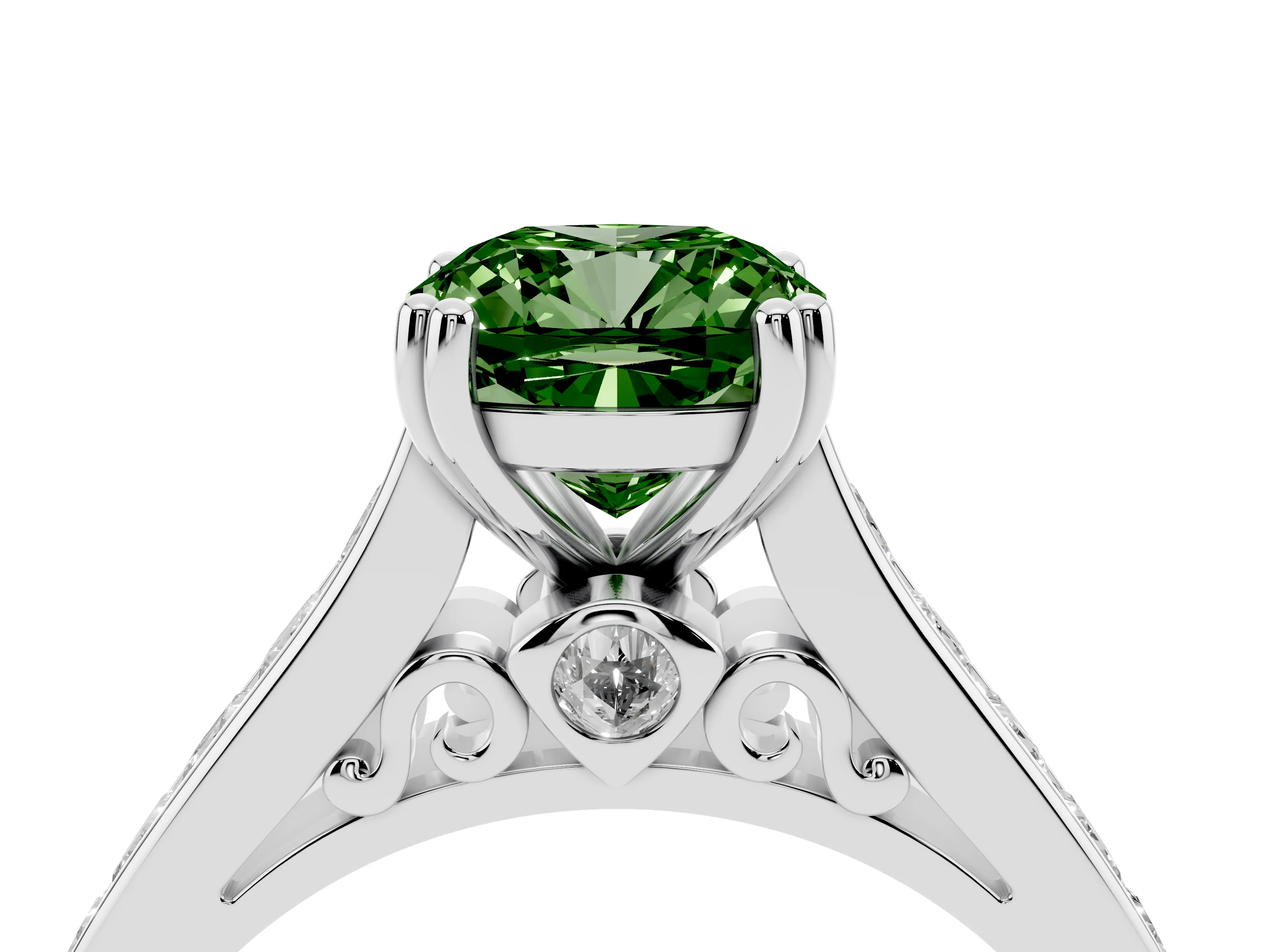 Fancy Green Cushion Cut Diamond Channel Set Solitaire Engagement Ring Set in Silver with Prong Setting