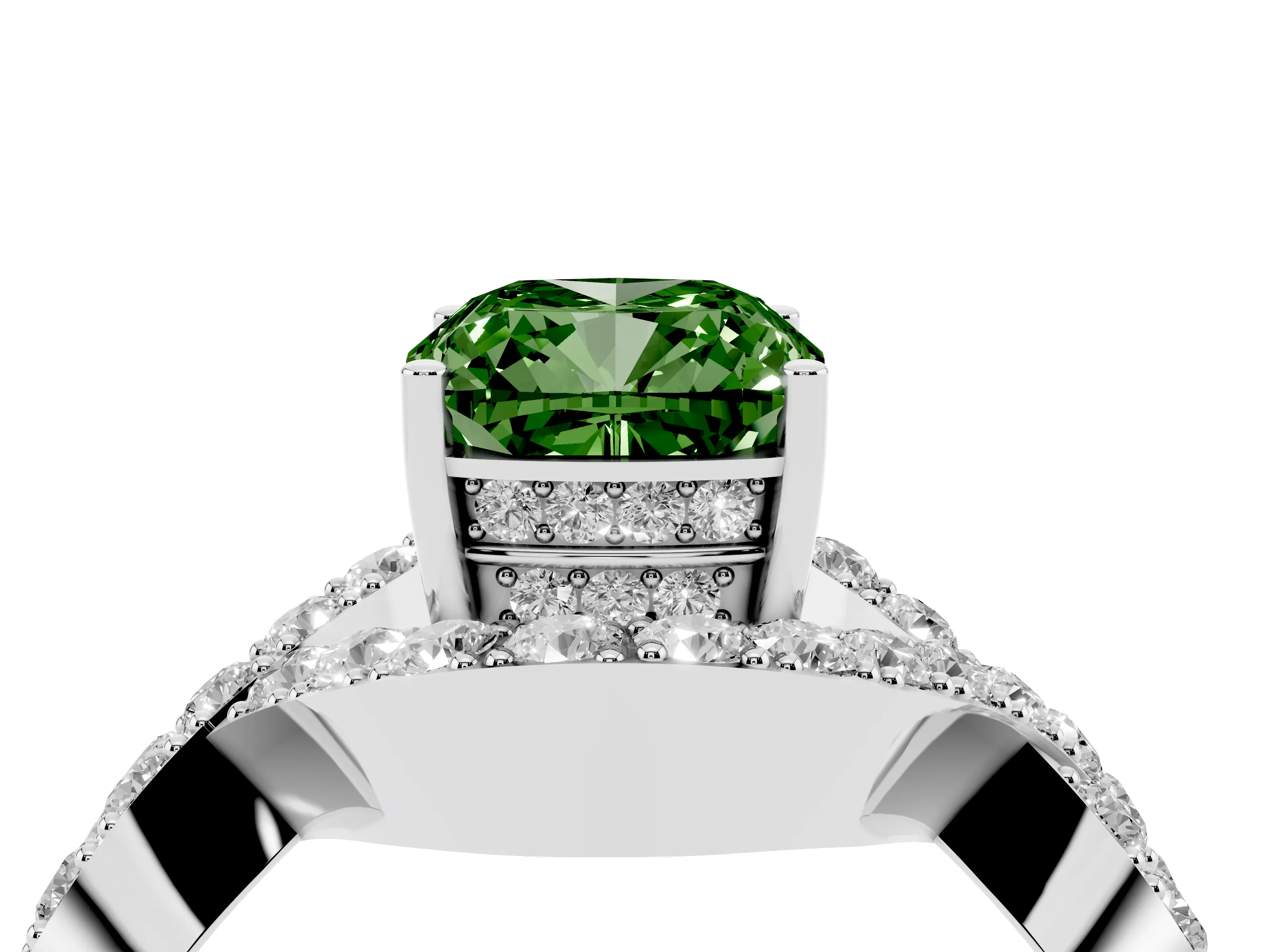 Fancy Green Cushion Cut Diamond Solitaire Twist Band Pavé Engagement Ring Set in Platinum