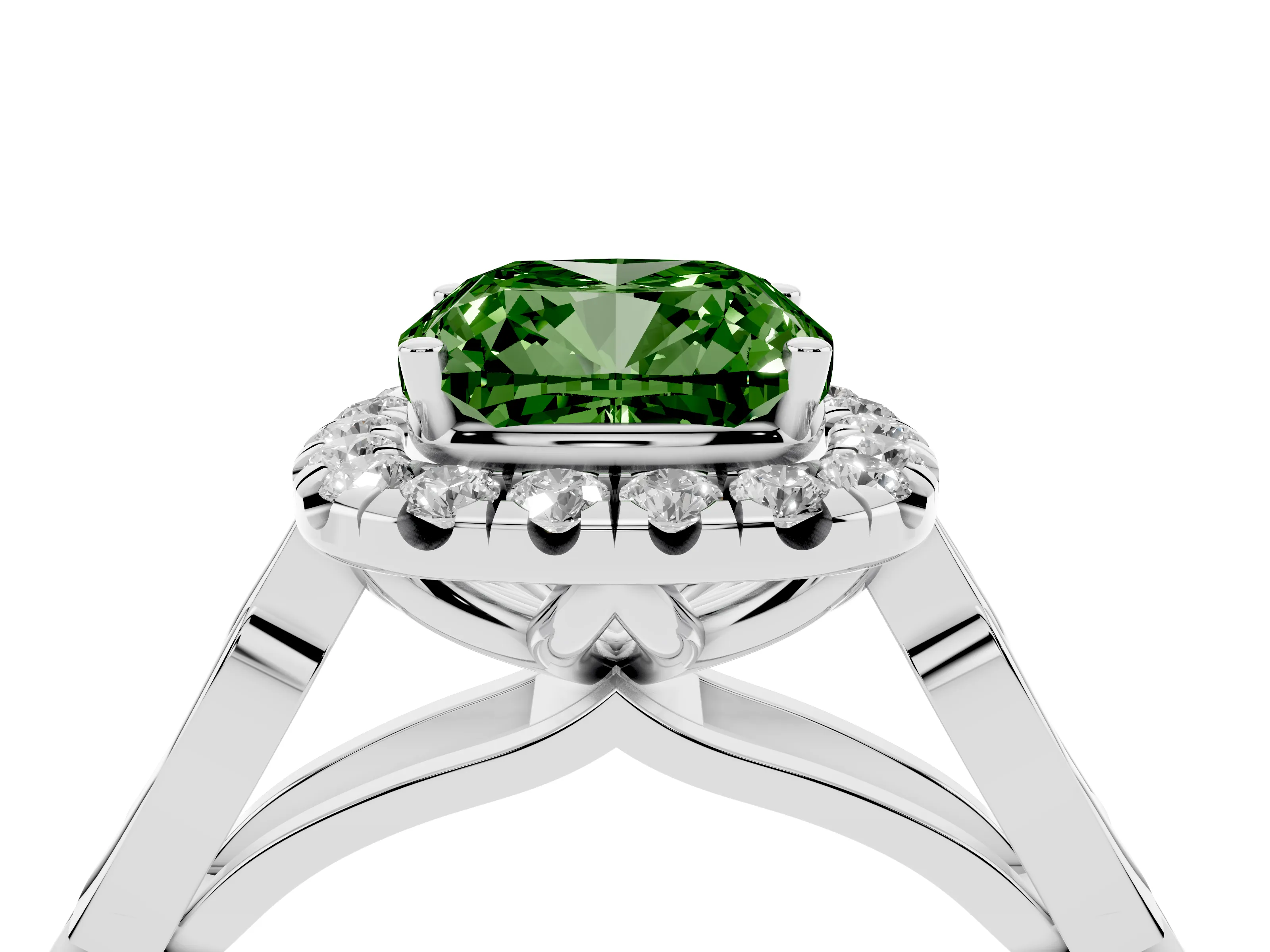 Fancy Green Cushion Cut Diamond Halo Engagement Ring Set in White gold with Filigree Band and Prong-Set Center