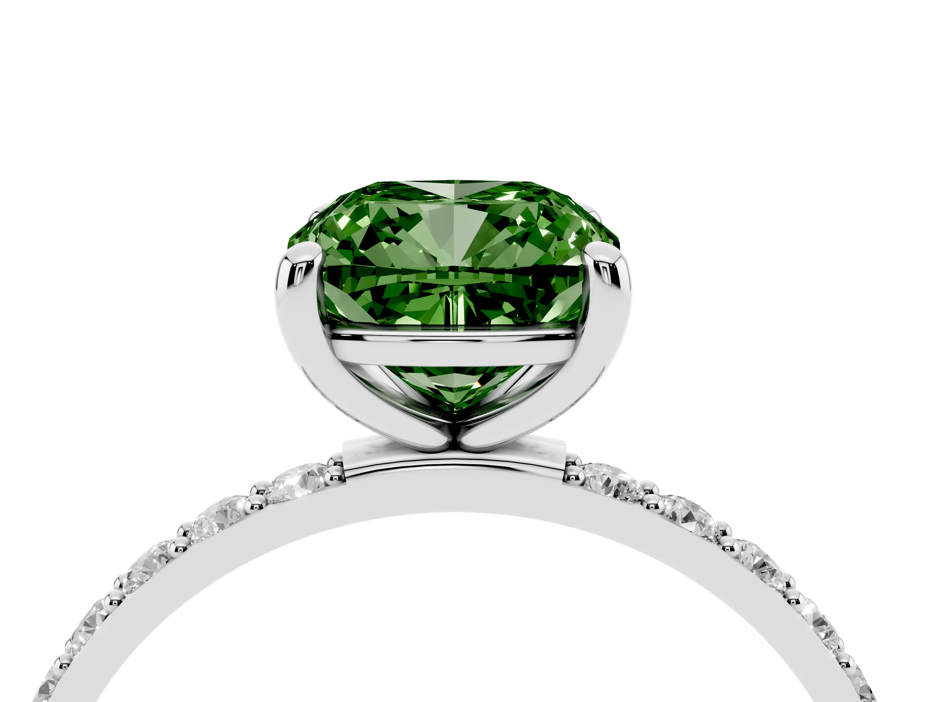 Fancy Green Cushion Cut Diamond Solitaire Ring Set in Silver with Round Pavé Band and Prong Setting