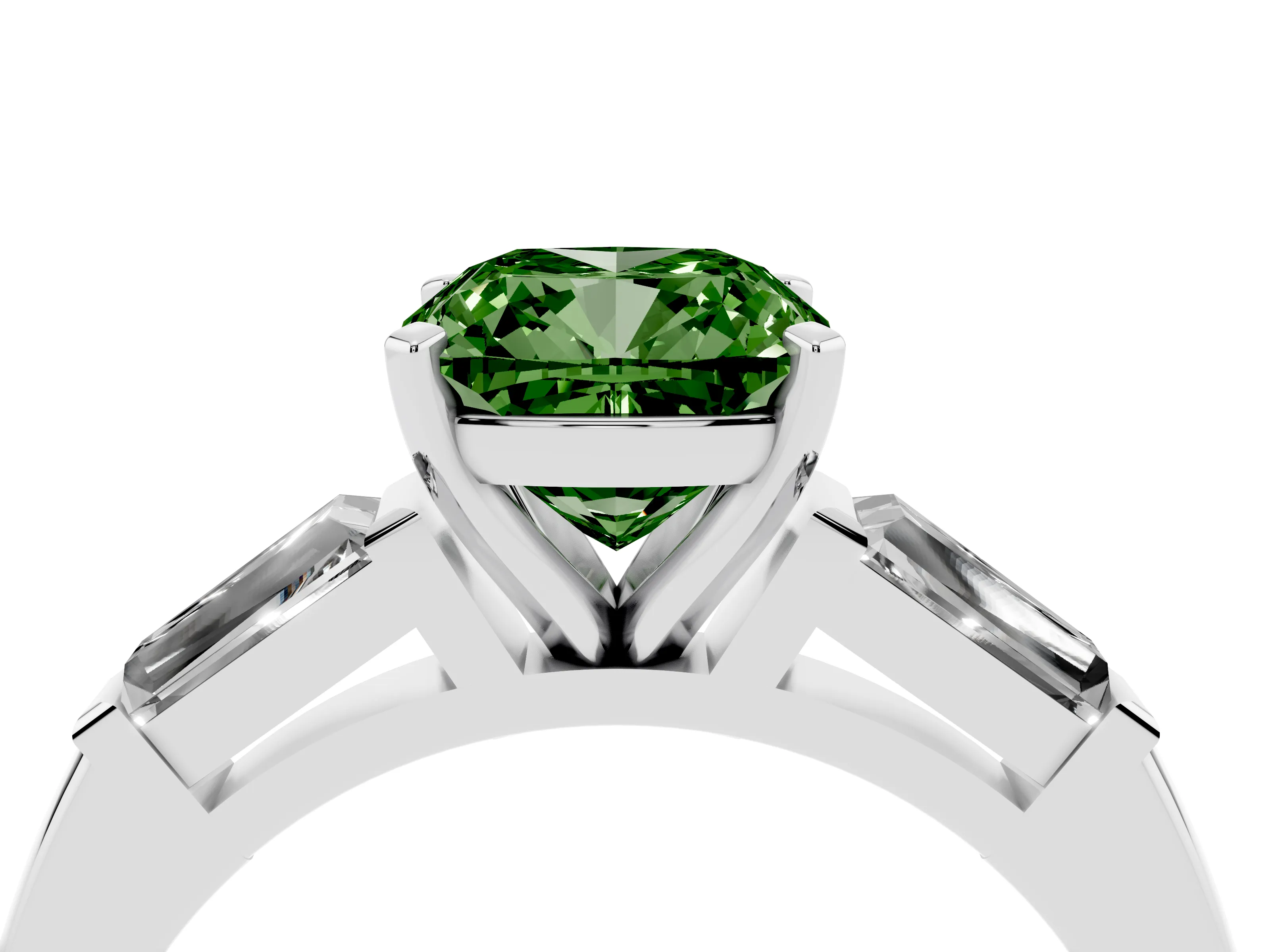 Fancy Green Cushion Cut Diamond Solitaire Ring Set in Platinum with Tapered Baguette Side Stones and Prong Setting