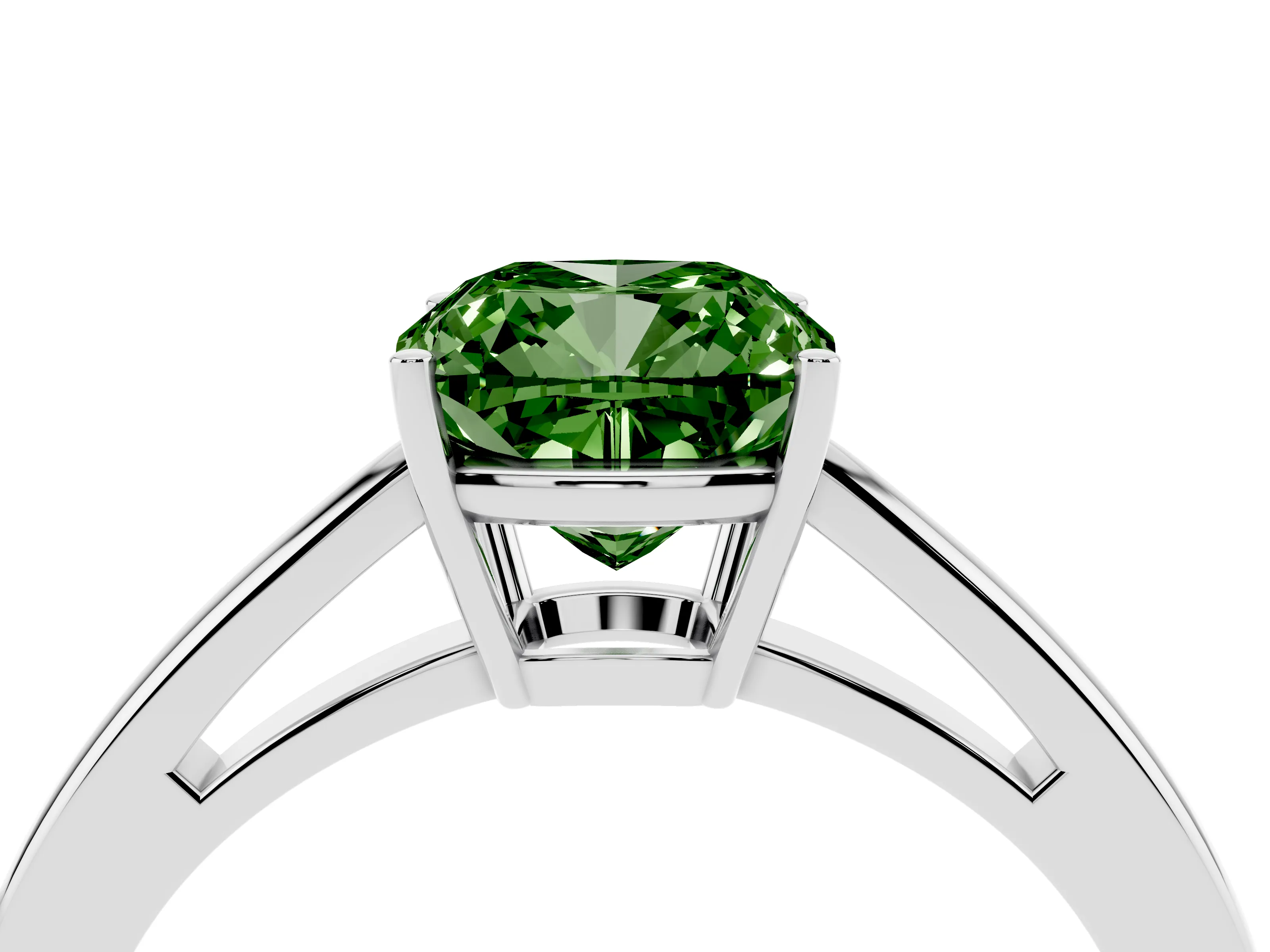 Fancy Green Cushion Cut Diamond Solitaire Ring Set in Silver with Split Shank and Prong Setting
