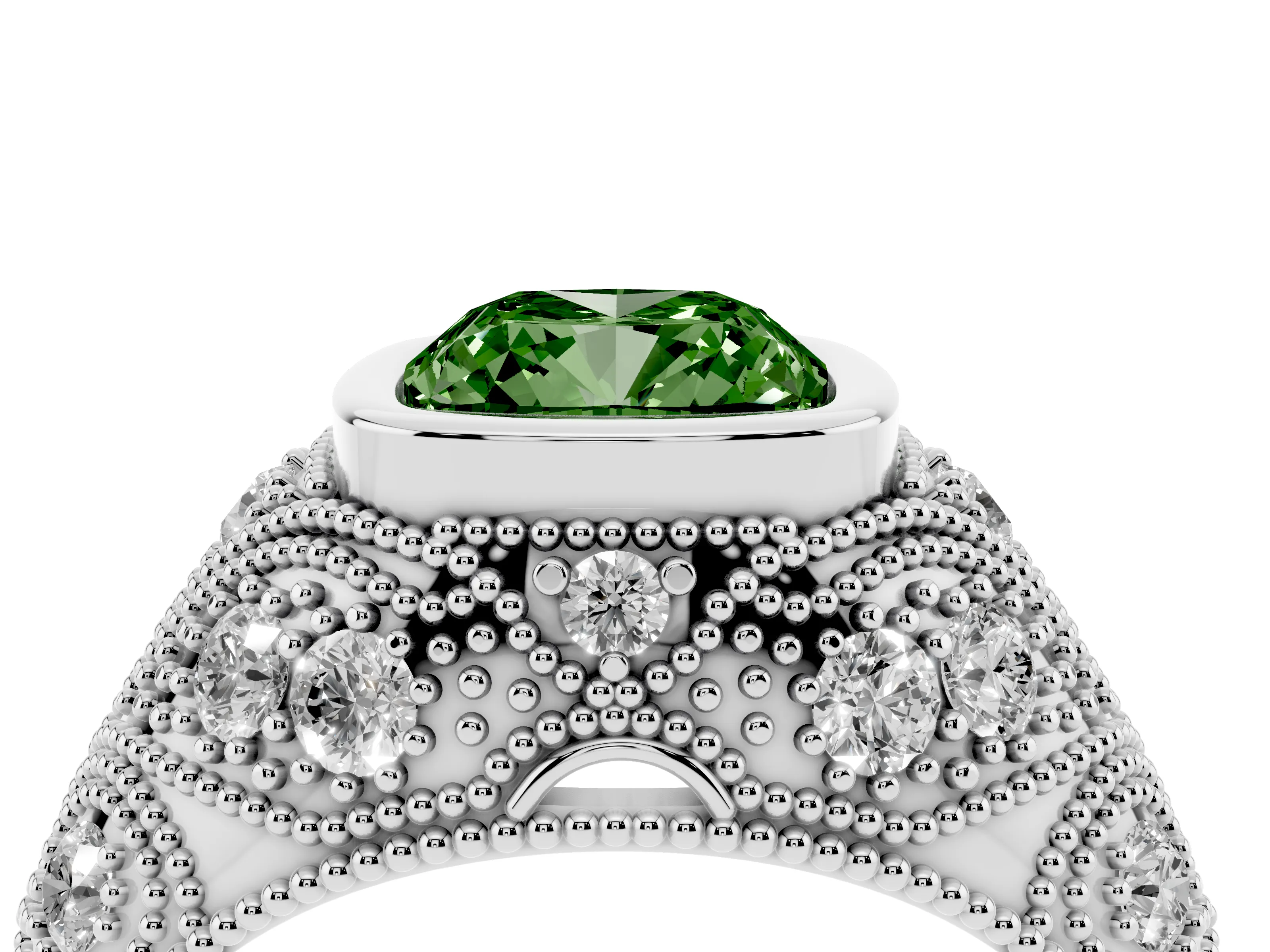 Fancy Green Cushion Cut Diamond Bezel Ring Set in Silver with Milgrain Accent Band