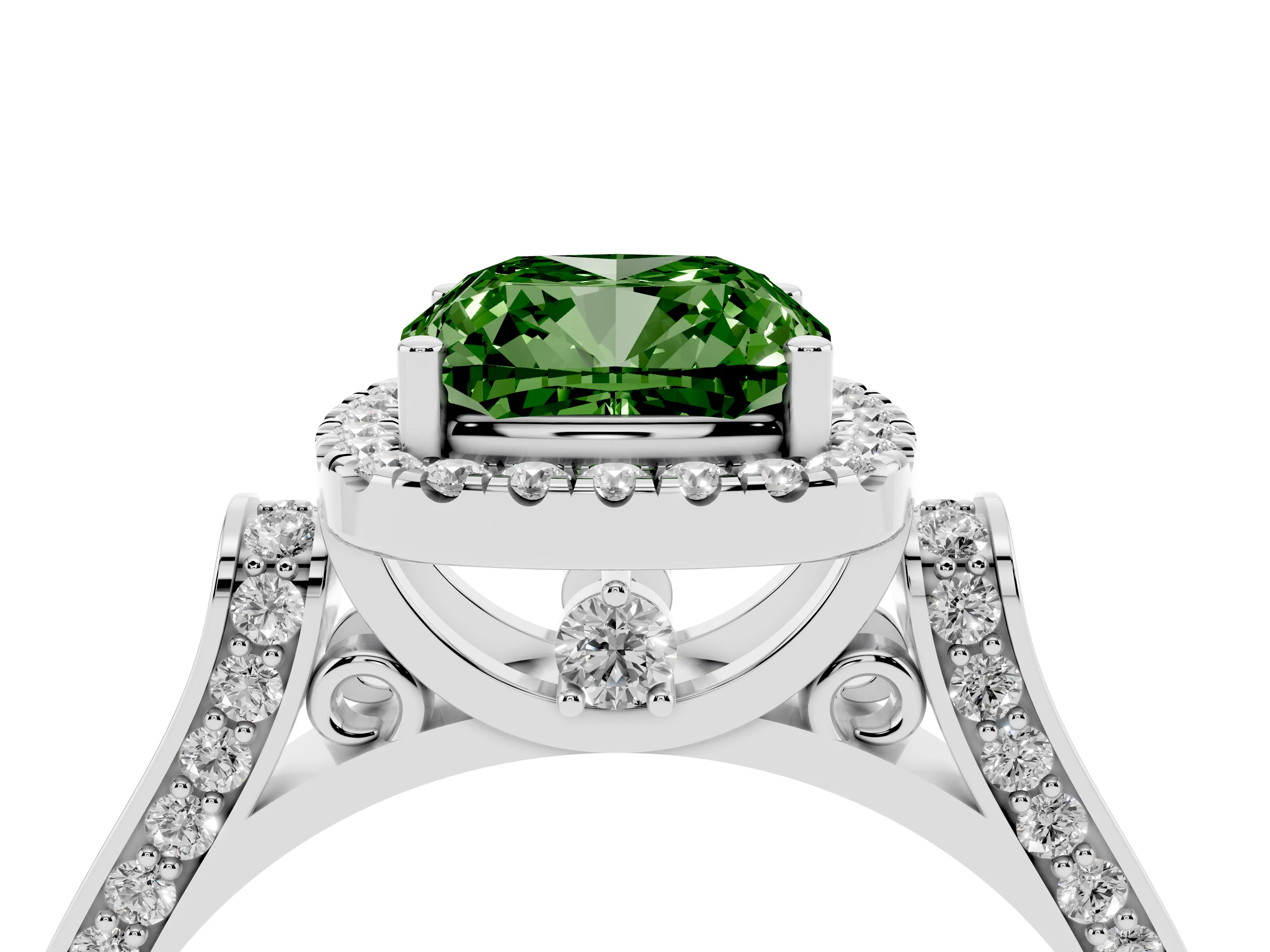 Fancy Green Cushion Cut Diamond Halo Ring Set in Silver with Pavé-Lined Split Shank Band