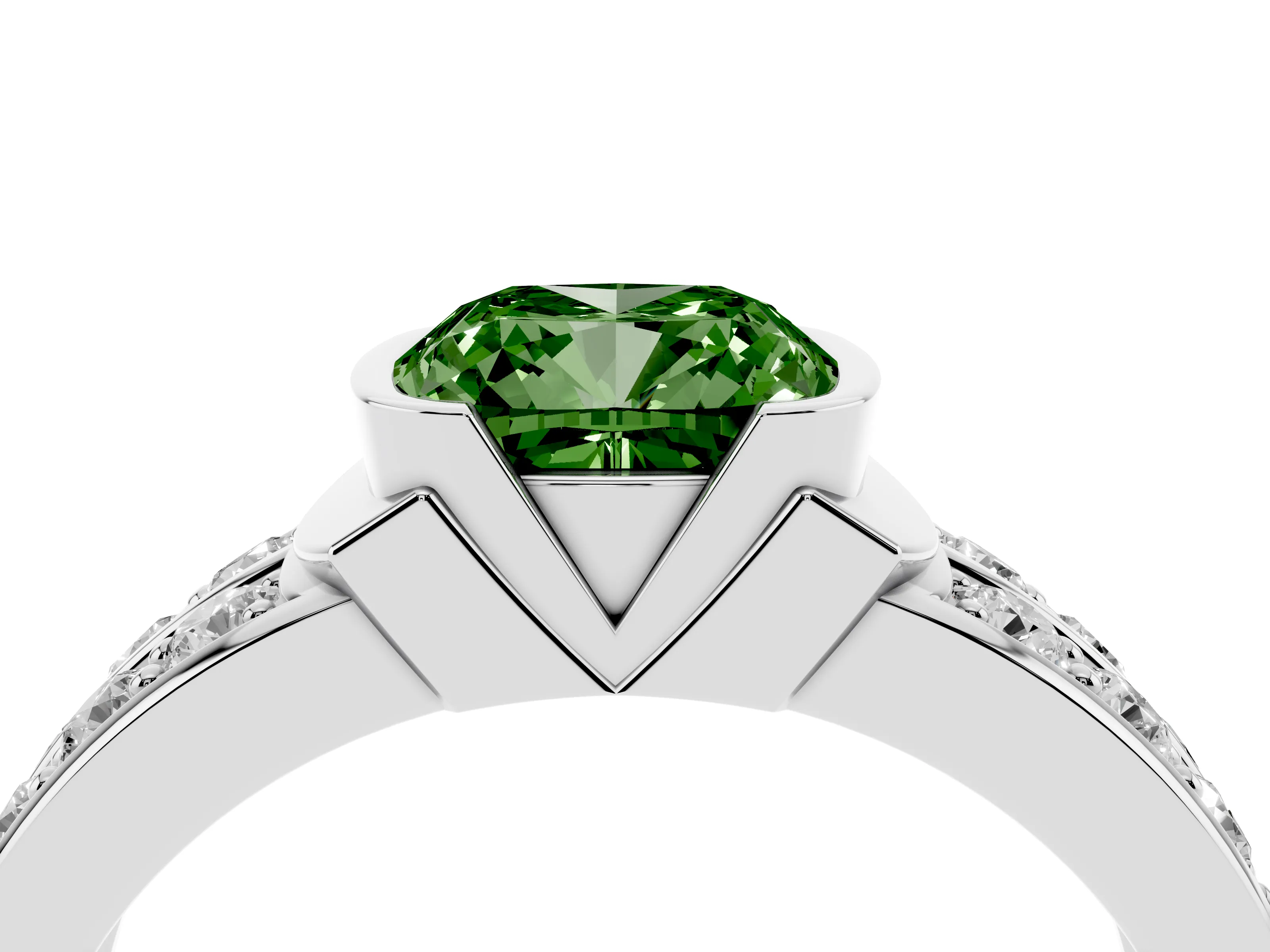 Fancy Green Cushion Cut Diamond Wide Channel Set Band Ring Set in Silver with Bezel Setting