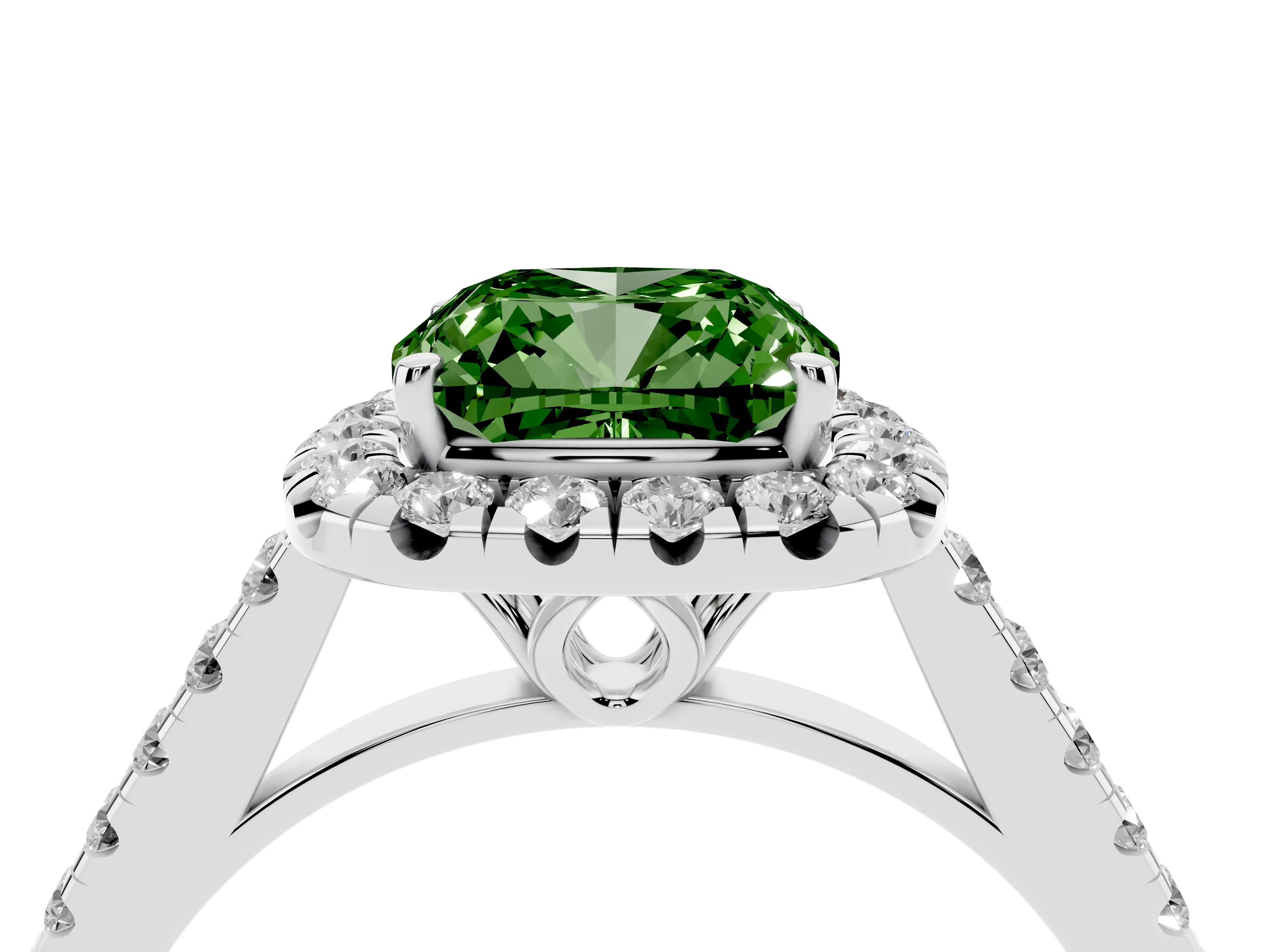 Fancy Green Cushion Cut Diamond Pavé Halo Engagement Ring Set in White gold with Pavé Band and Prong Setting