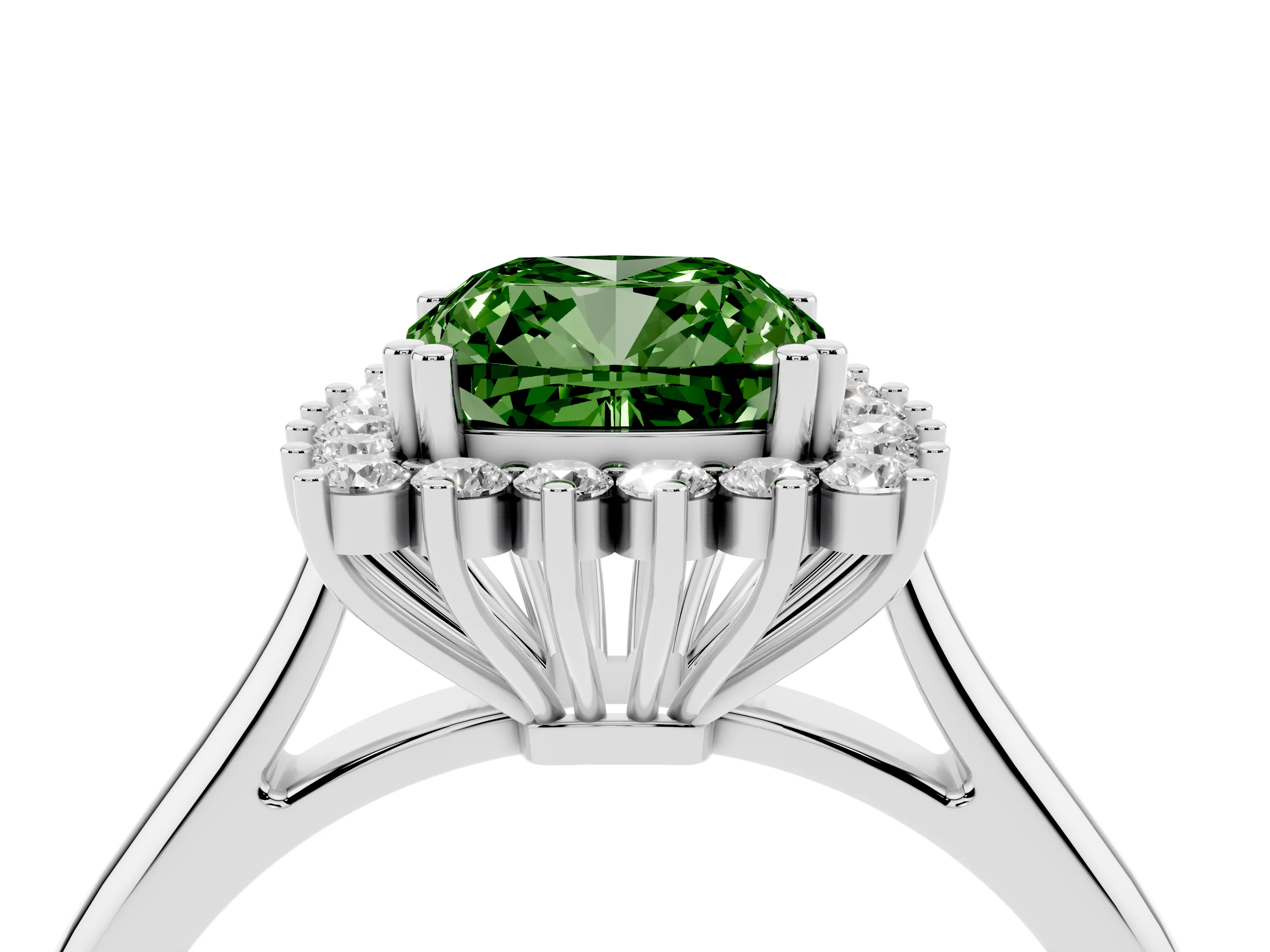 Fancy Green Cushion Cut Diamond Halo Ring Set in Platinum with Plain Solitaire Band and Prong Setting