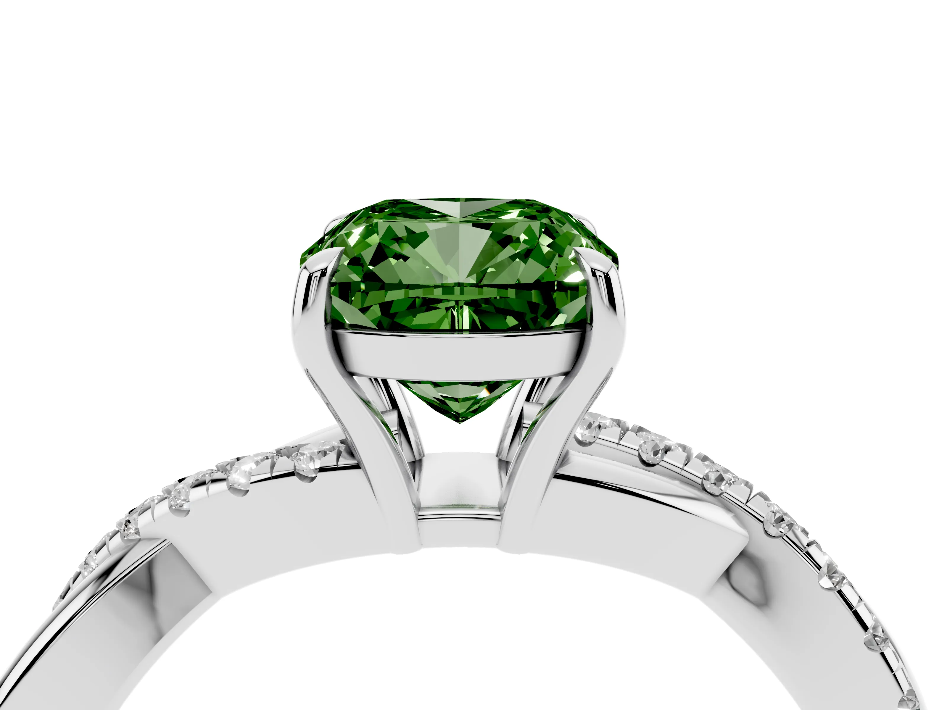 Fancy Green Cushion Cut Diamond Twisted Pavé Band Ring Set in White gold with Prong Setting