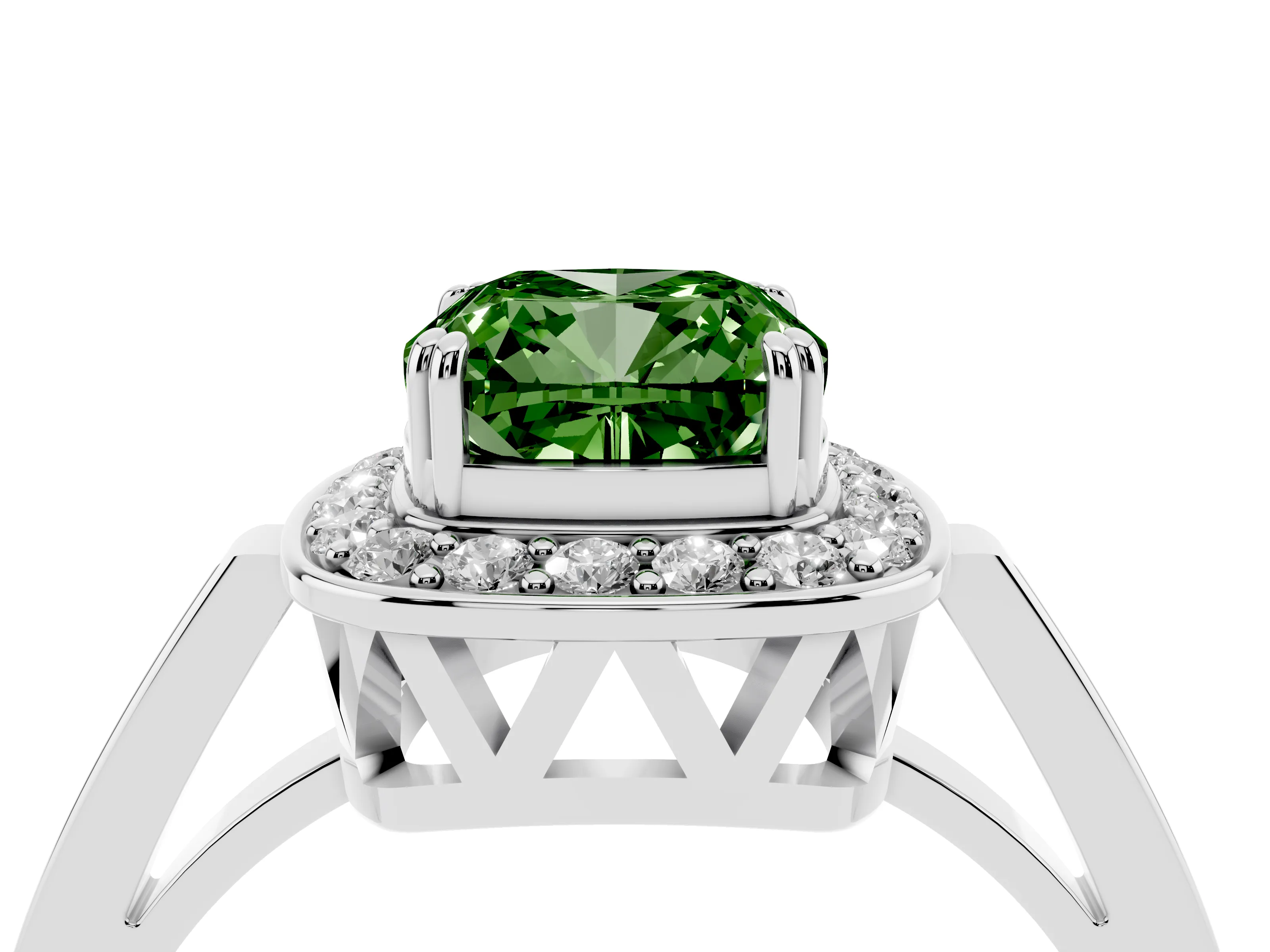 Fancy Green Cushion Cut Diamond Halo Ring Set in Silver with Accent-Lined Split Shank and Prong Setting