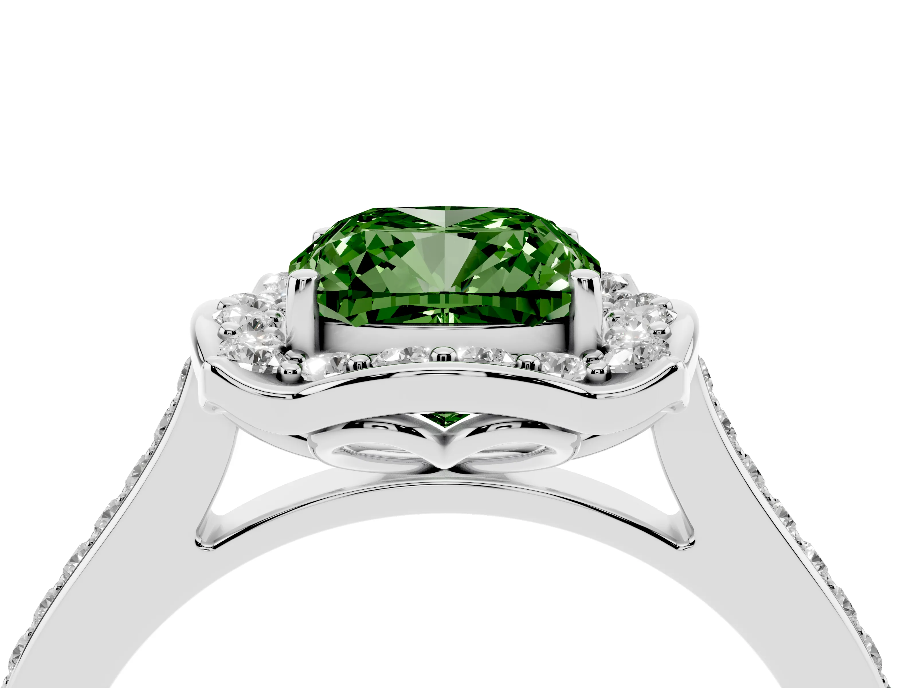 Fancy Green Cushion Cut Diamond Halo Ring Set in White gold with Pavé-Lined Shoulders and Prong Setting