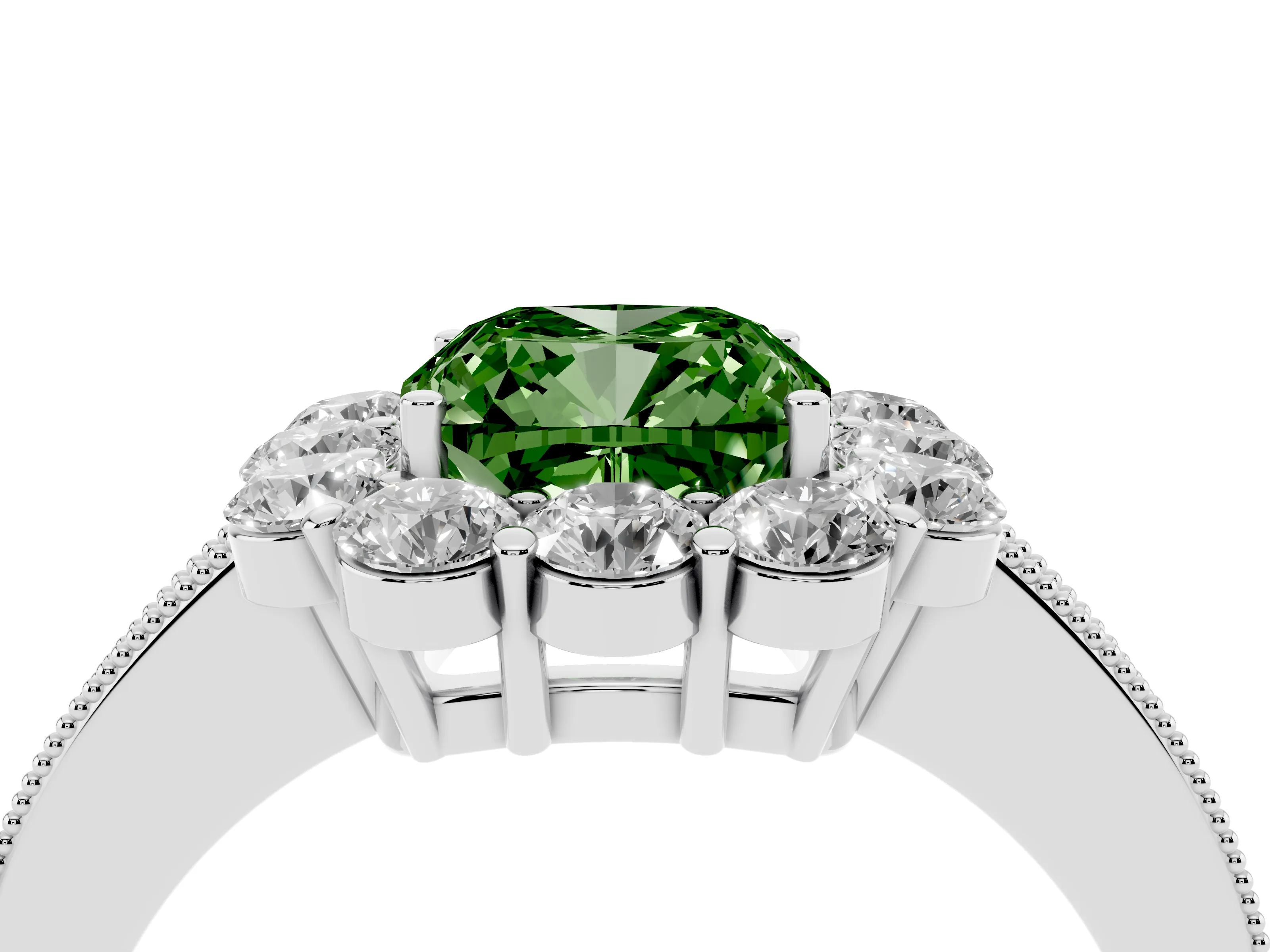 Fancy Green Cushion Cut Diamond Halo Pavé Engagement Ring Set in Silver with Milgrain Detailing