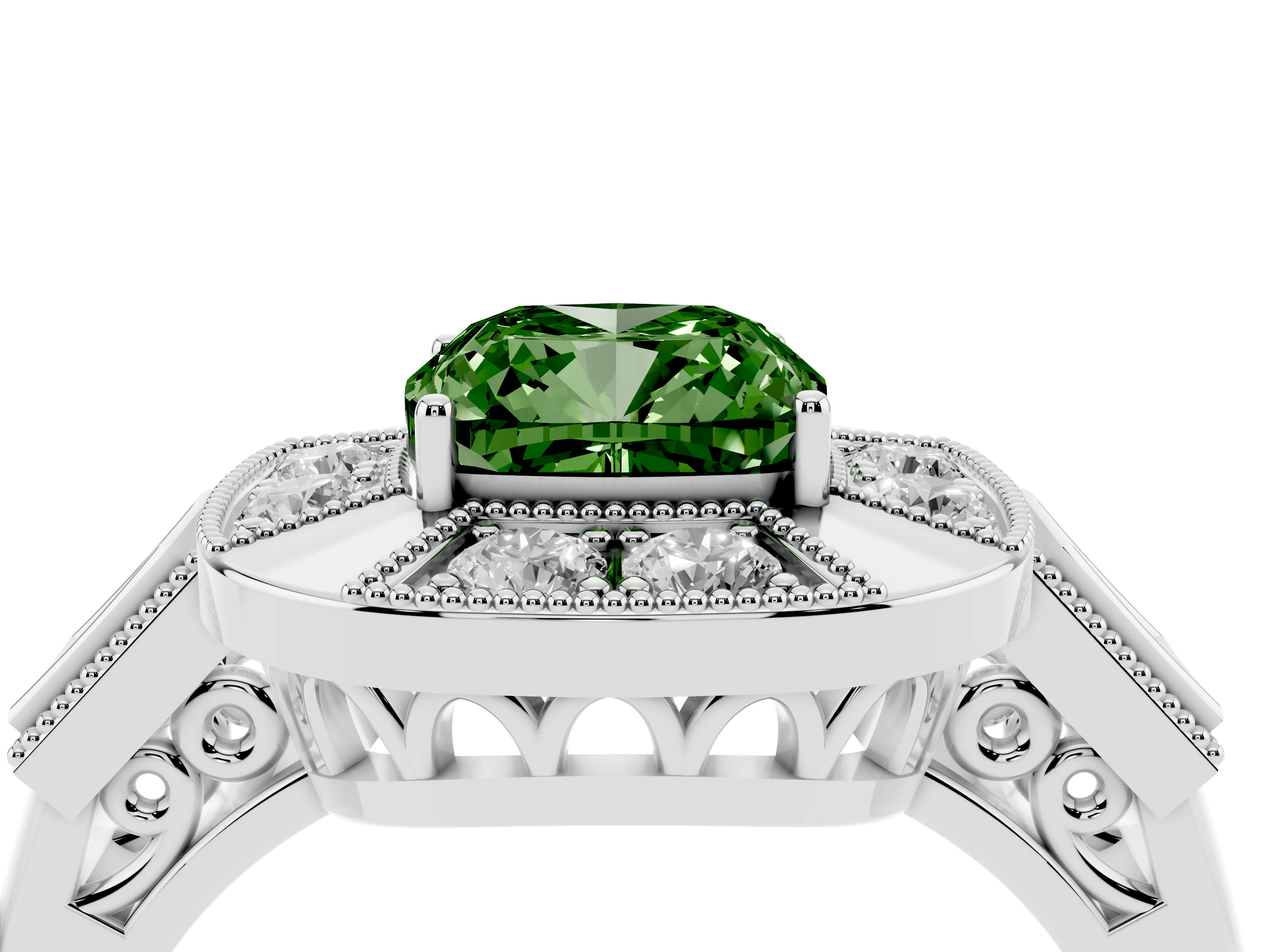 Fancy Green Cushion Cut Diamond Milgrain Halo Ring Set in Platinum with Split Shank