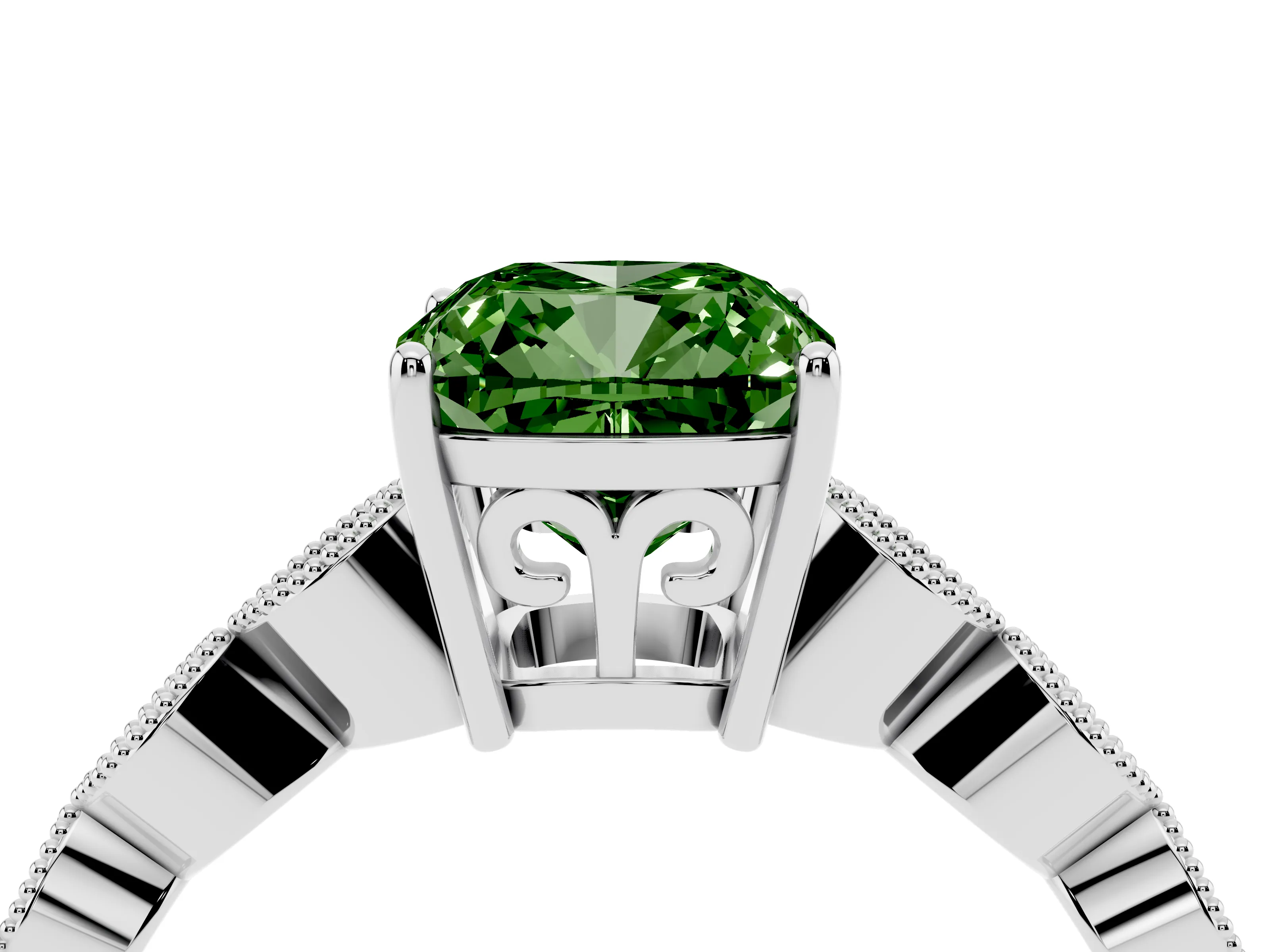 Fancy Green Cushion Cut Diamond Solitaire Ring Set in White gold with Infinity Twist Pavé Band