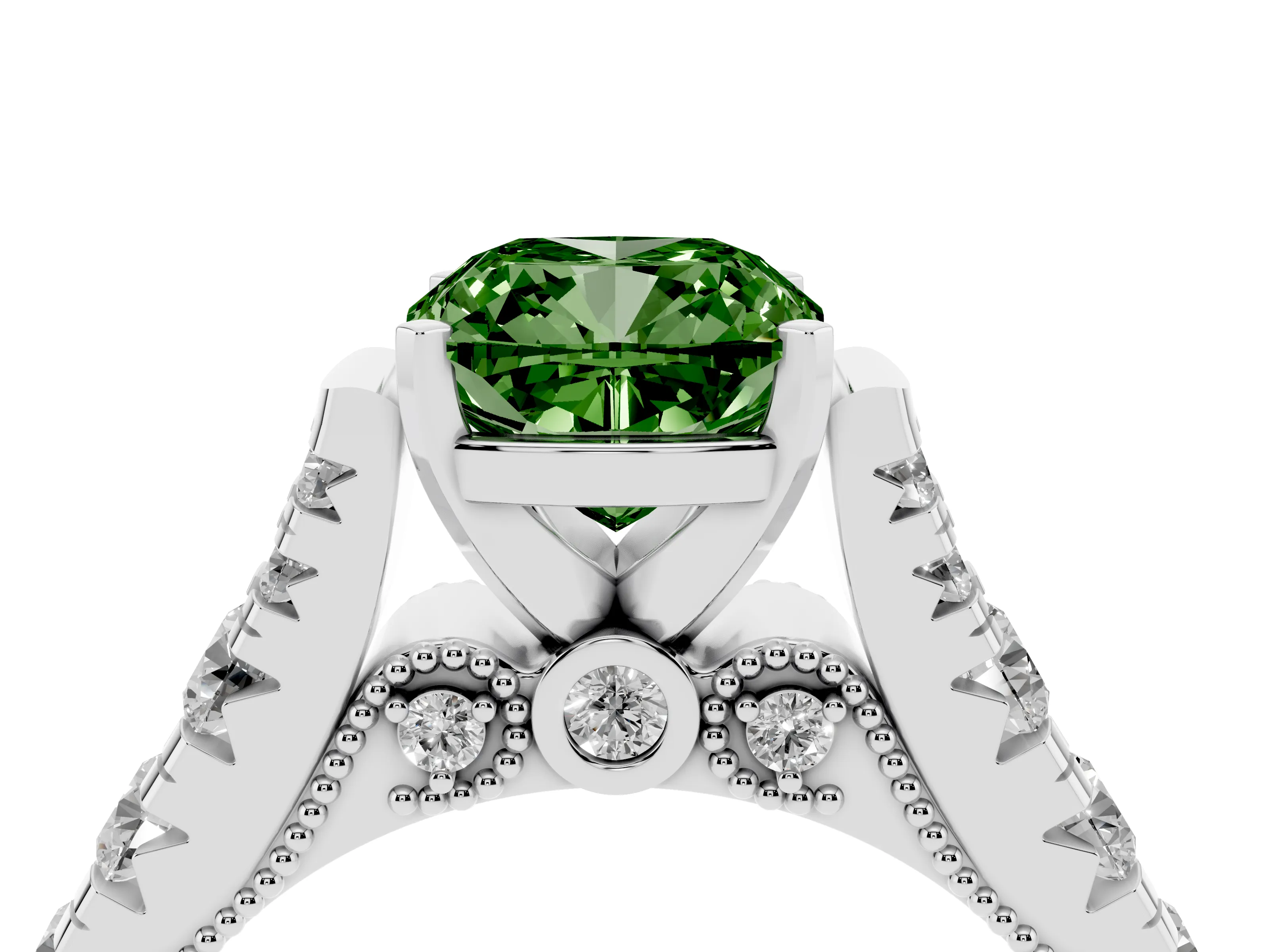 Fancy Green Cushion Cut Diamond Classic Solitaire Ring Set in White gold with Pavé Band and Prong Setting