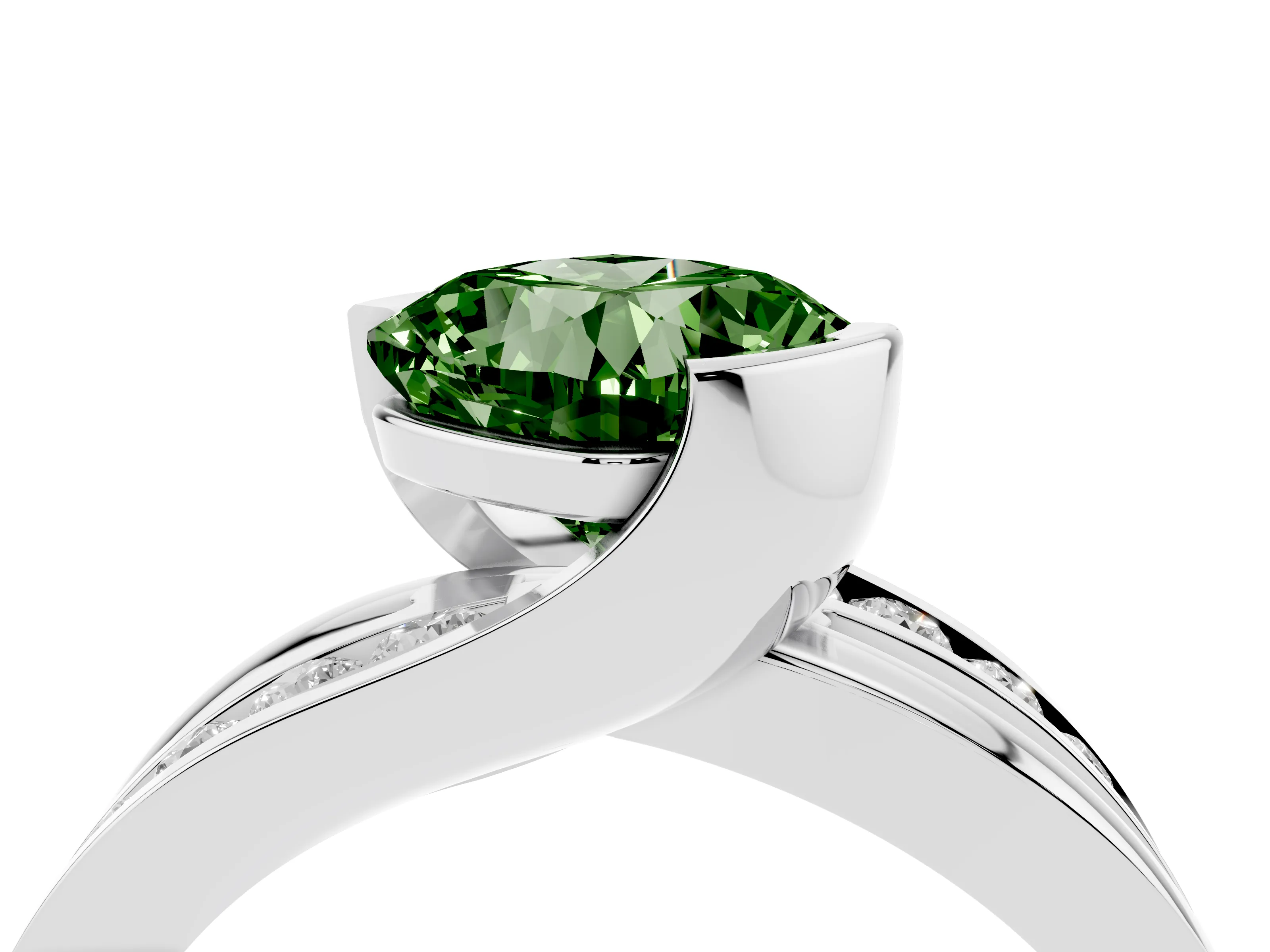 Fancy Green Cushion Cut Diamond Solitaire Ring Set in White gold with Channel Set Split Shank and Tension Prongs