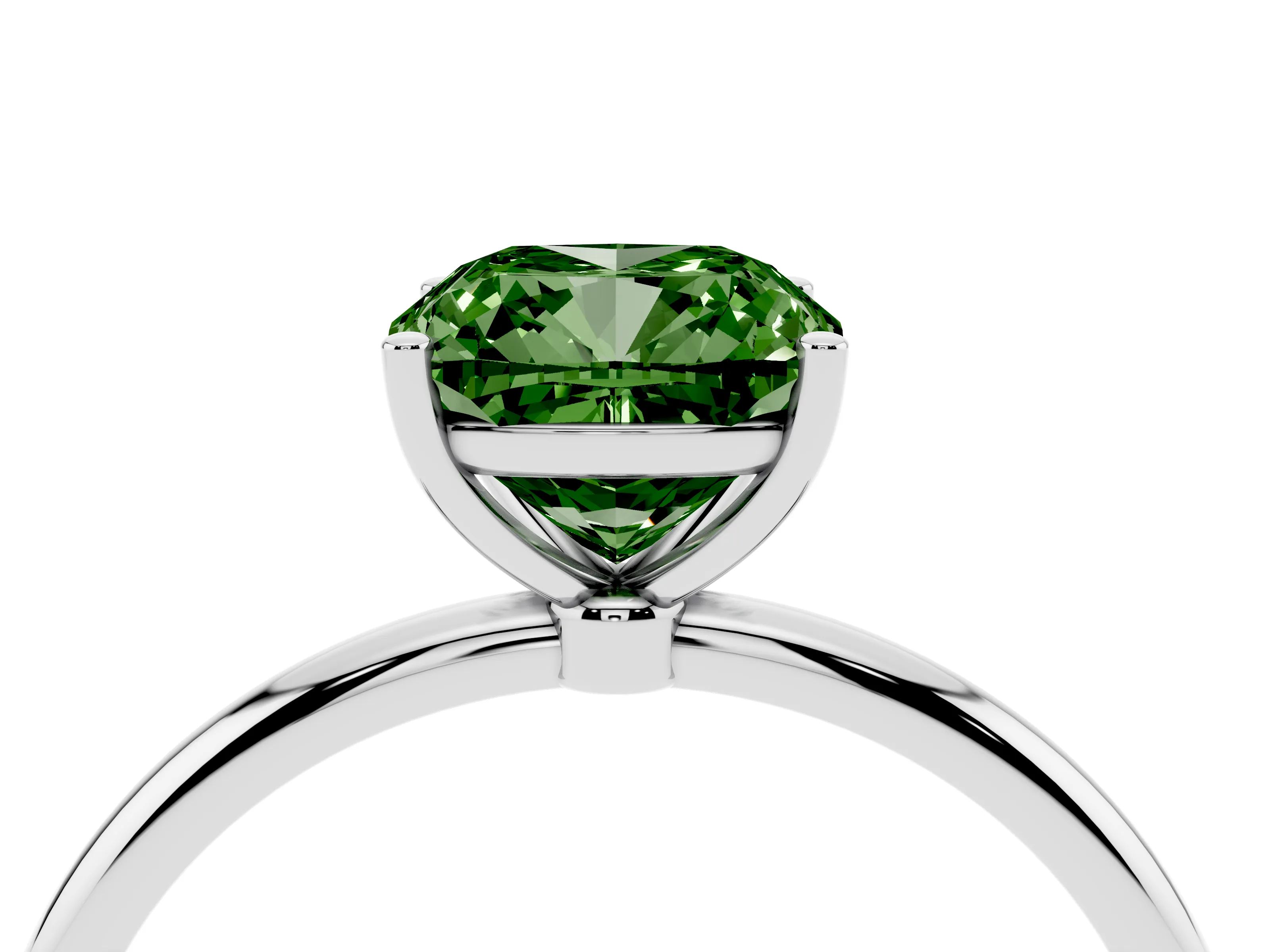 Fancy Green Cushion Cut Diamond Solitaire Engagement Ring Set in White gold with Thin Band and Prong Setting