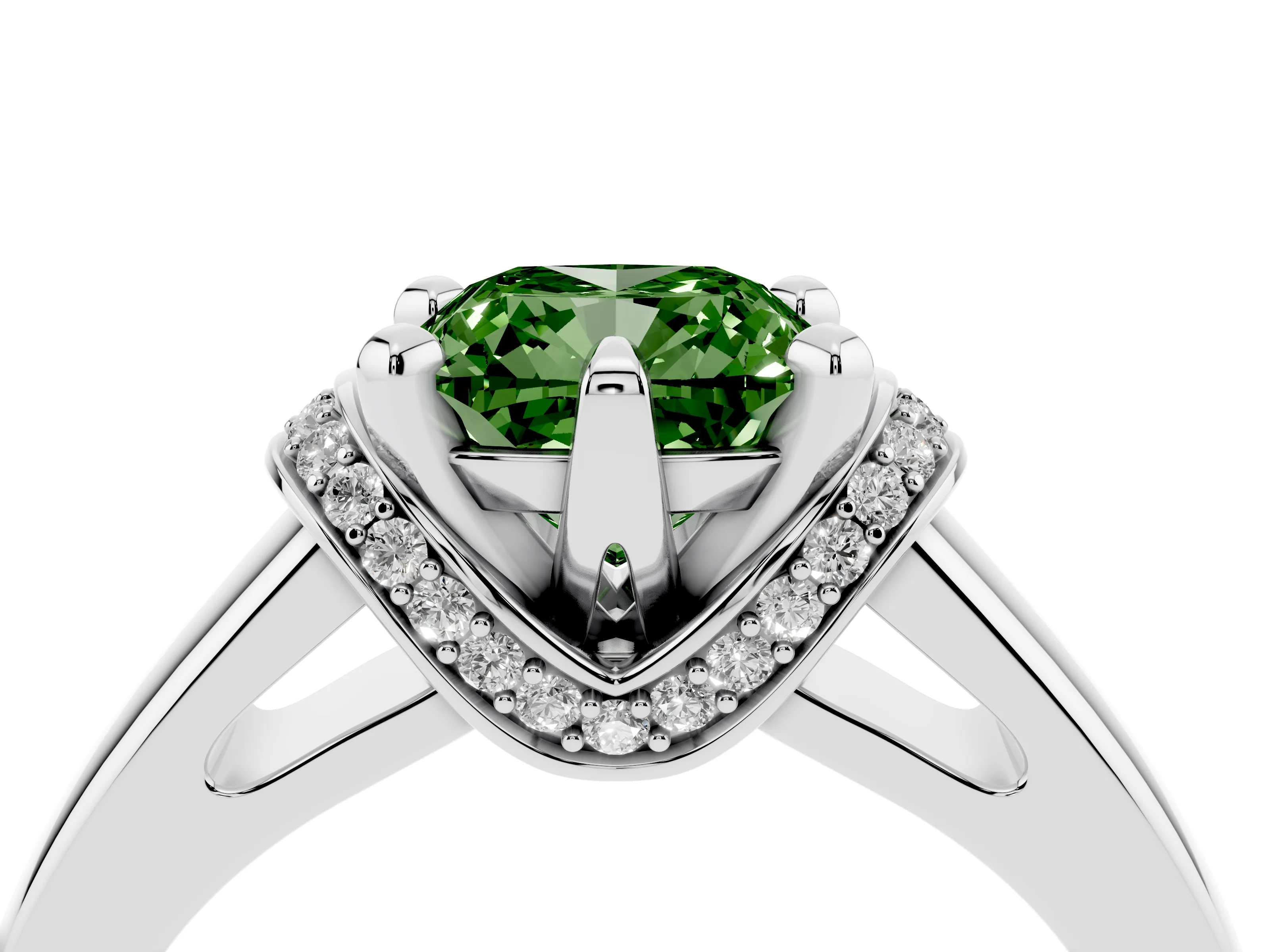 Fancy Green Cushion Cut Diamond Pavé Band Solitaire Ring Set in Silver with Prong Setting
