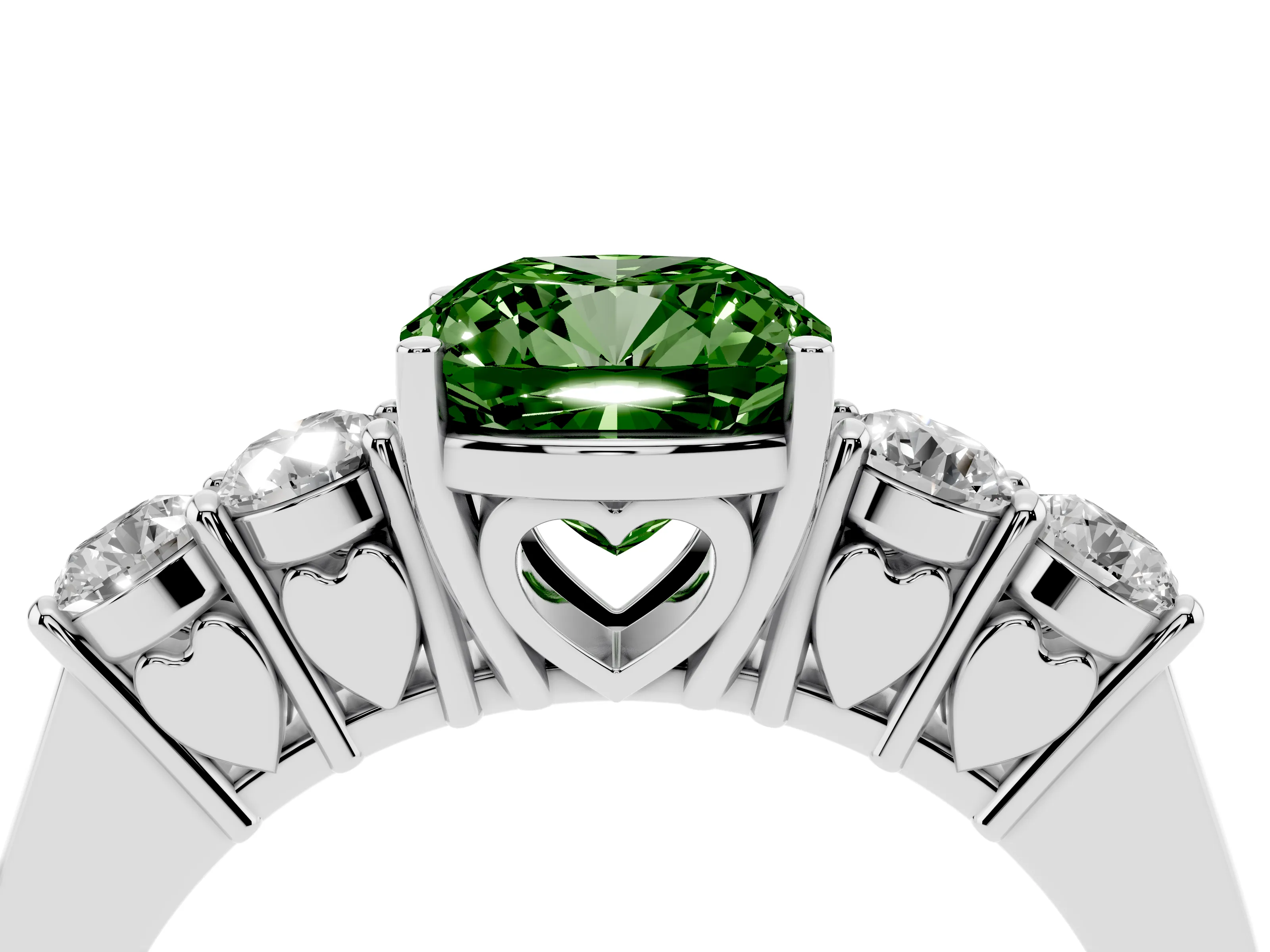 Fancy Green Cushion Cut Diamond Five-Stone Prong Set Band Ring Set in White gold with Polished Band