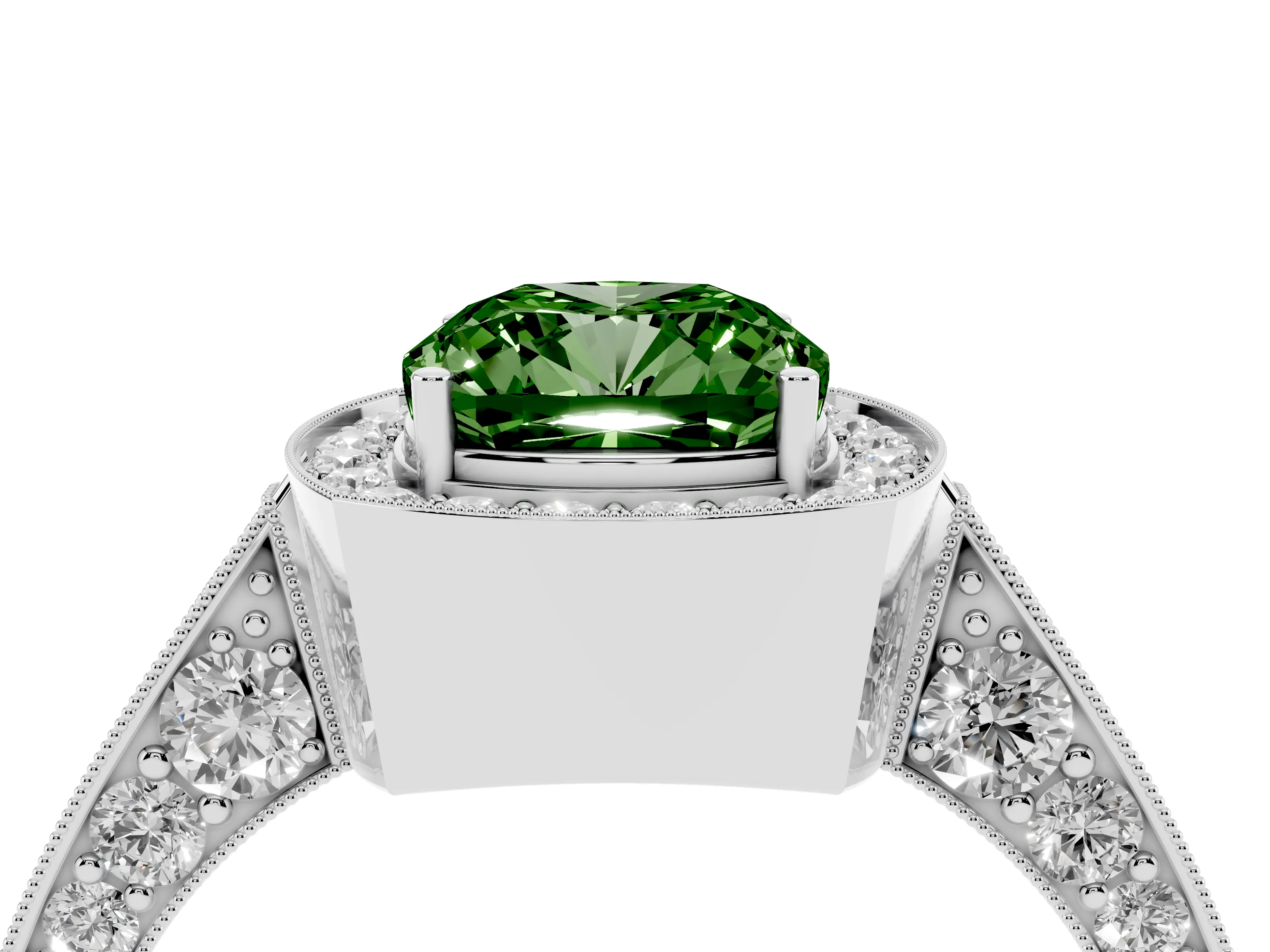 Fancy Green Cushion Cut Diamond Halo Engagement Ring Set in Platinum with Accent Split Shank Band