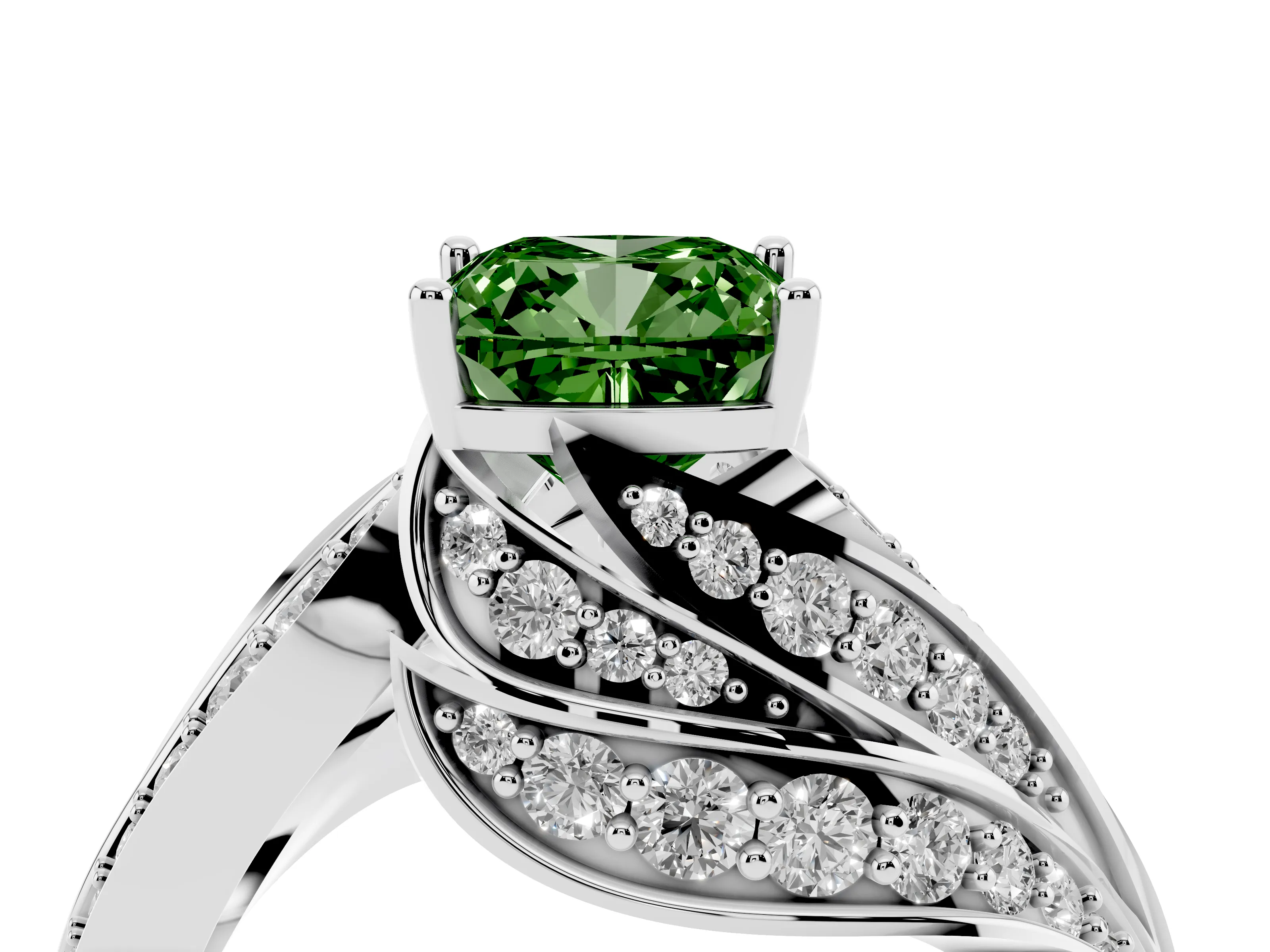 Fancy Green Cushion Cut Diamond Solitaire Ring Set in Silver with Layered Twist Pavé Band