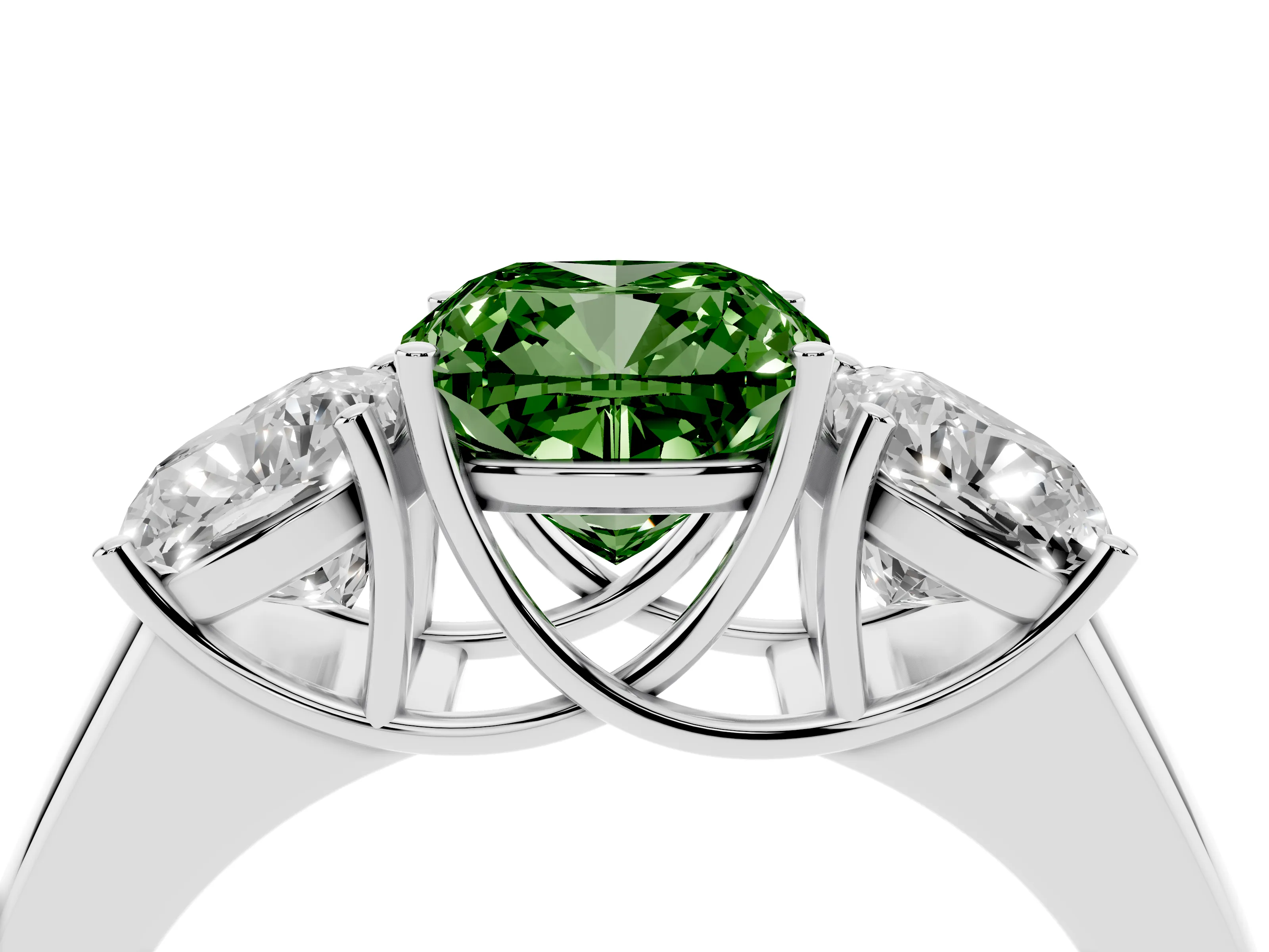 Fancy Green Three-Stone Cushion Cut Diamond Ring Set in Platinum with Matching Prong Settings and Plain Band