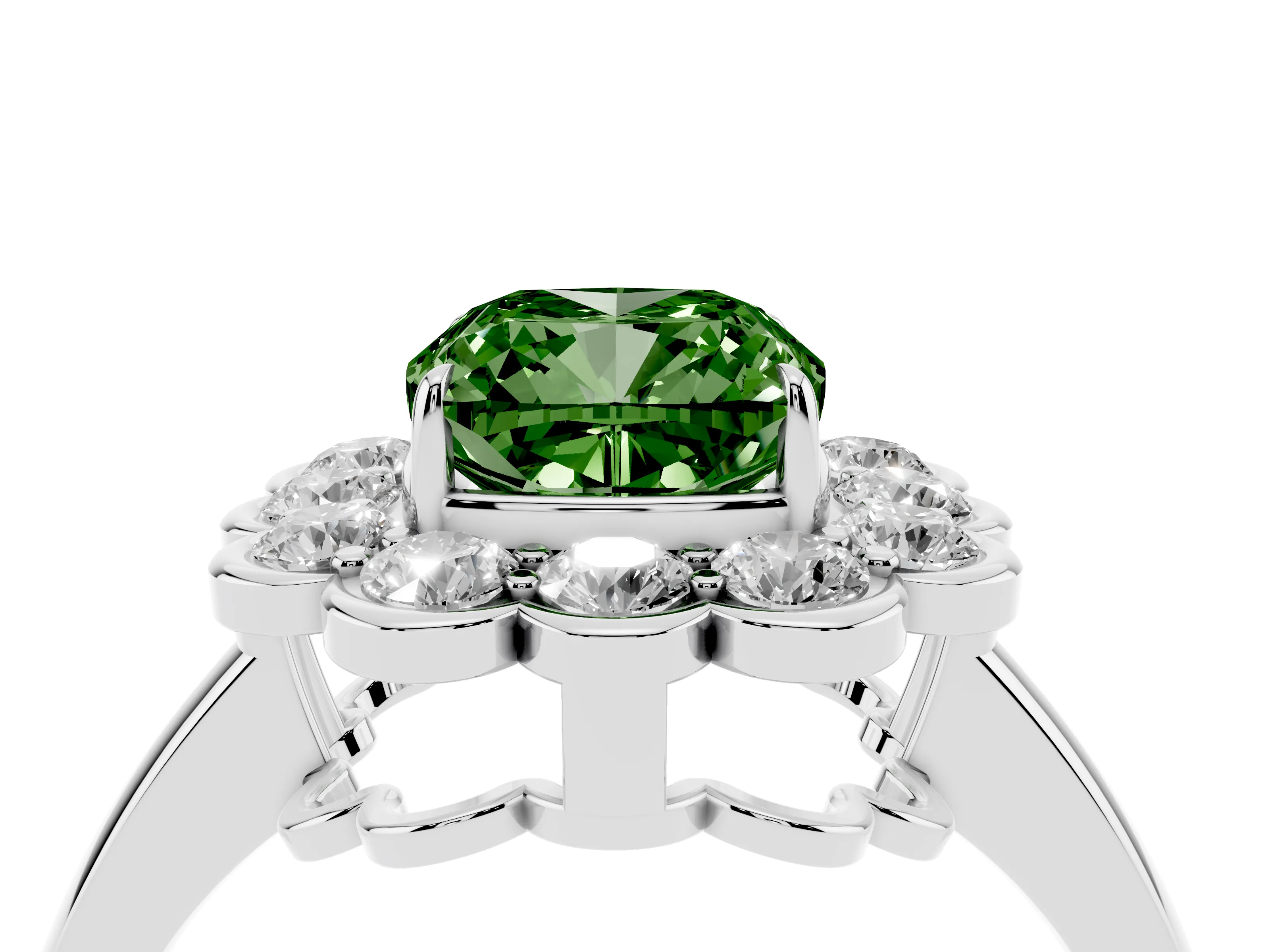 Fancy Green Cushion Cut Diamond Halo Cluster Engagement Ring Set in White gold with Solitaire Band and Prong Setting