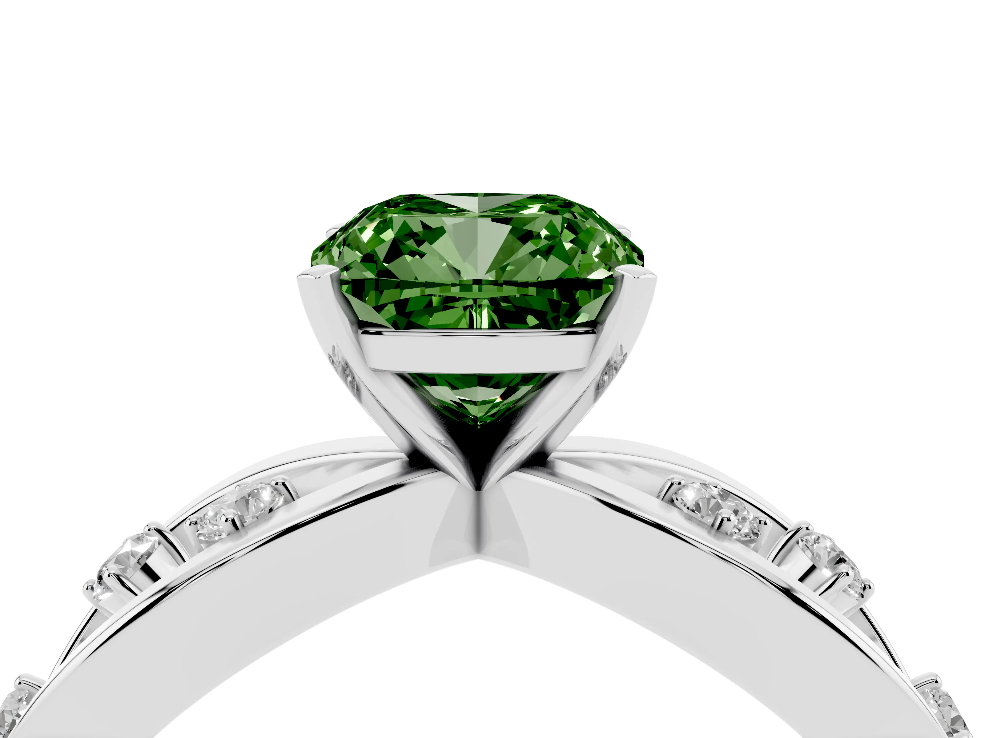 Fancy Green Cushion Cut Diamond Solitaire Ring Set in Silver with Side Stones on Criss-Cross Band and Prong Setting