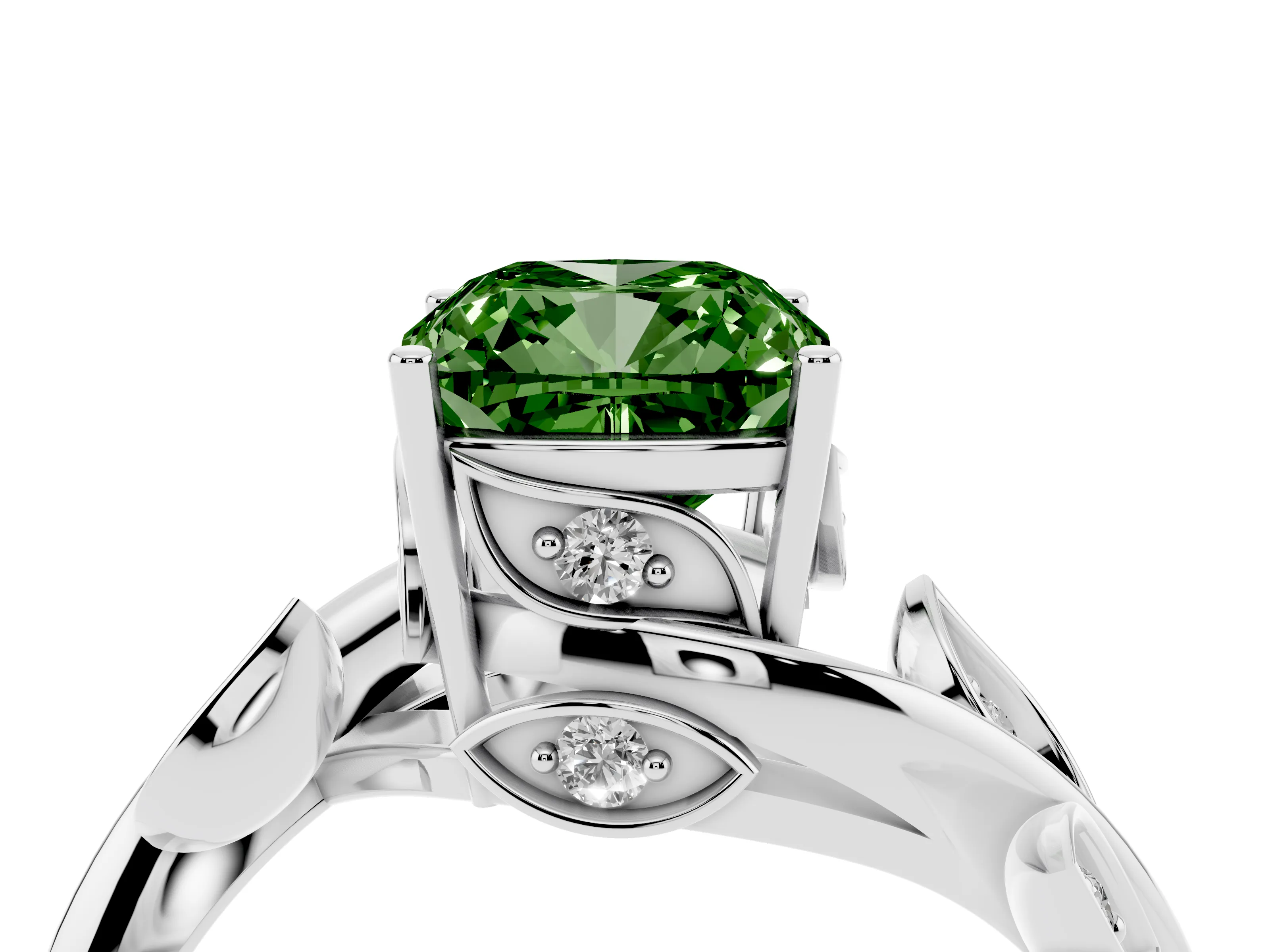 Fancy Green Cushion Cut Diamond Solitaire Twist Engagement Ring Set in Platinum with Pavé Leaf Accents
