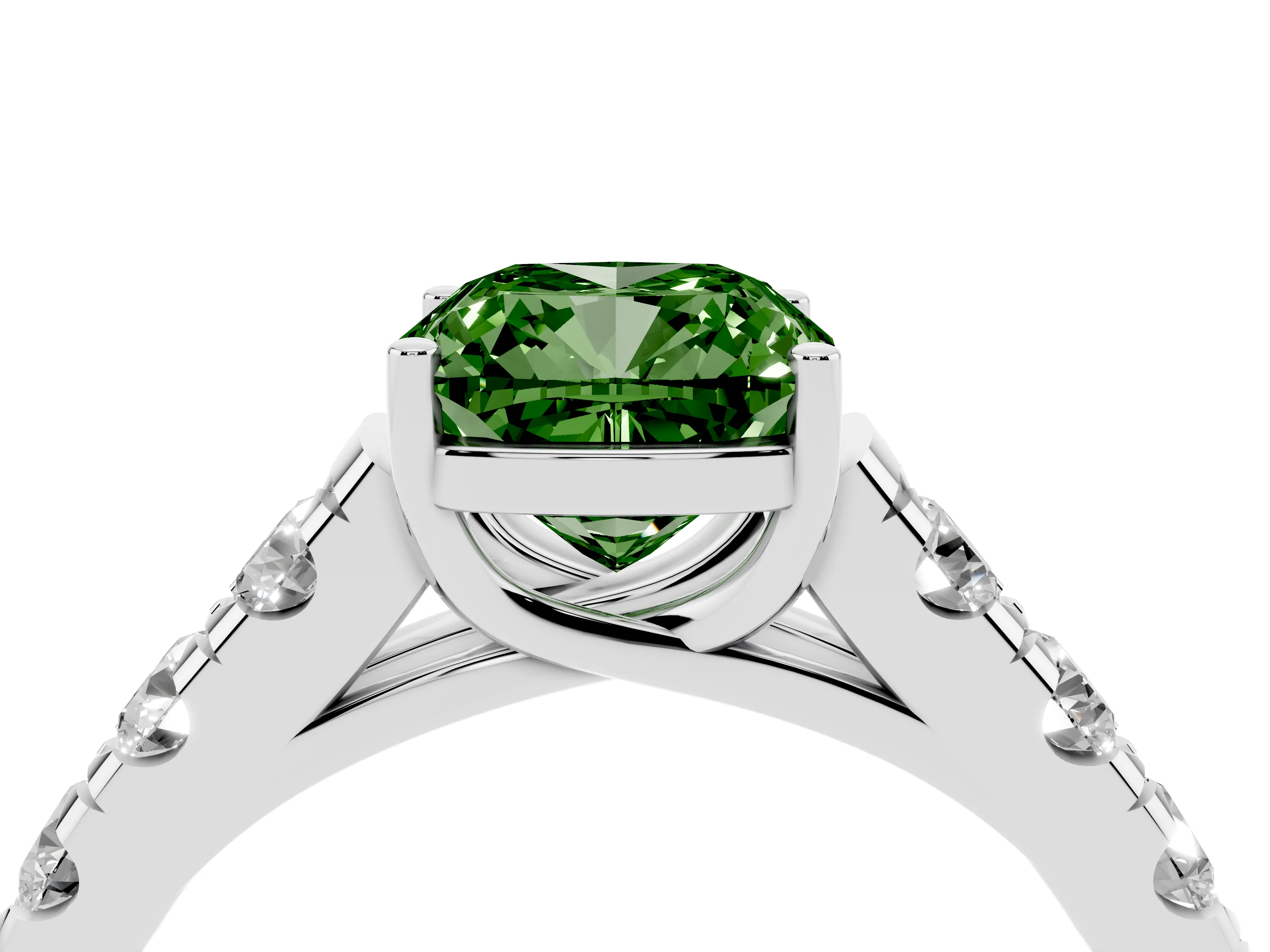 Fancy Green Cushion Cut Diamond Solitaire Ring Set in Platinum with Cut-Down Micro Pavé Band and Prong Setting