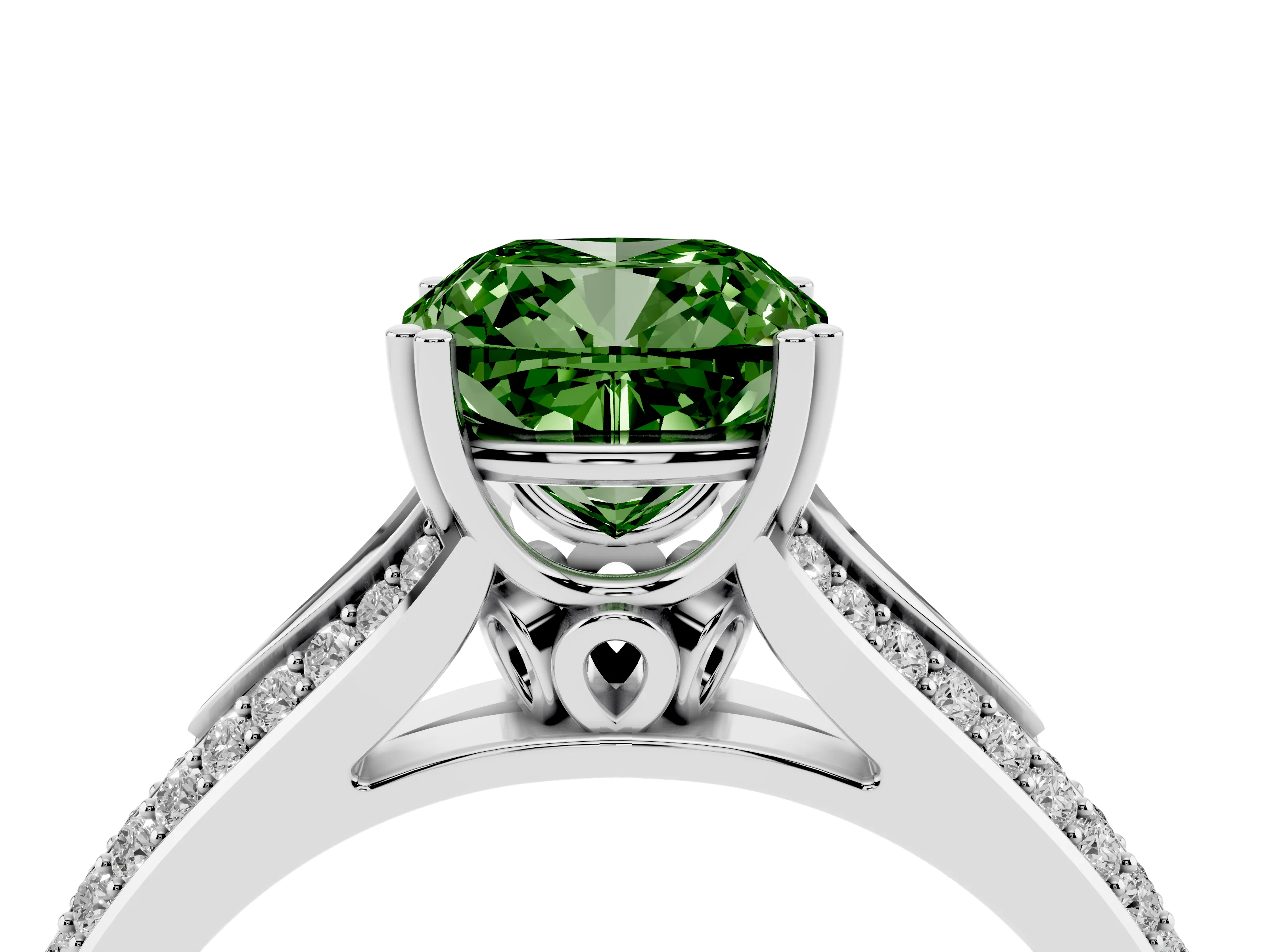 Fancy Green Cushion Cut Diamond Split Shank Pavé Engagement Ring Set in Platinum with Prong-Set Center Stone