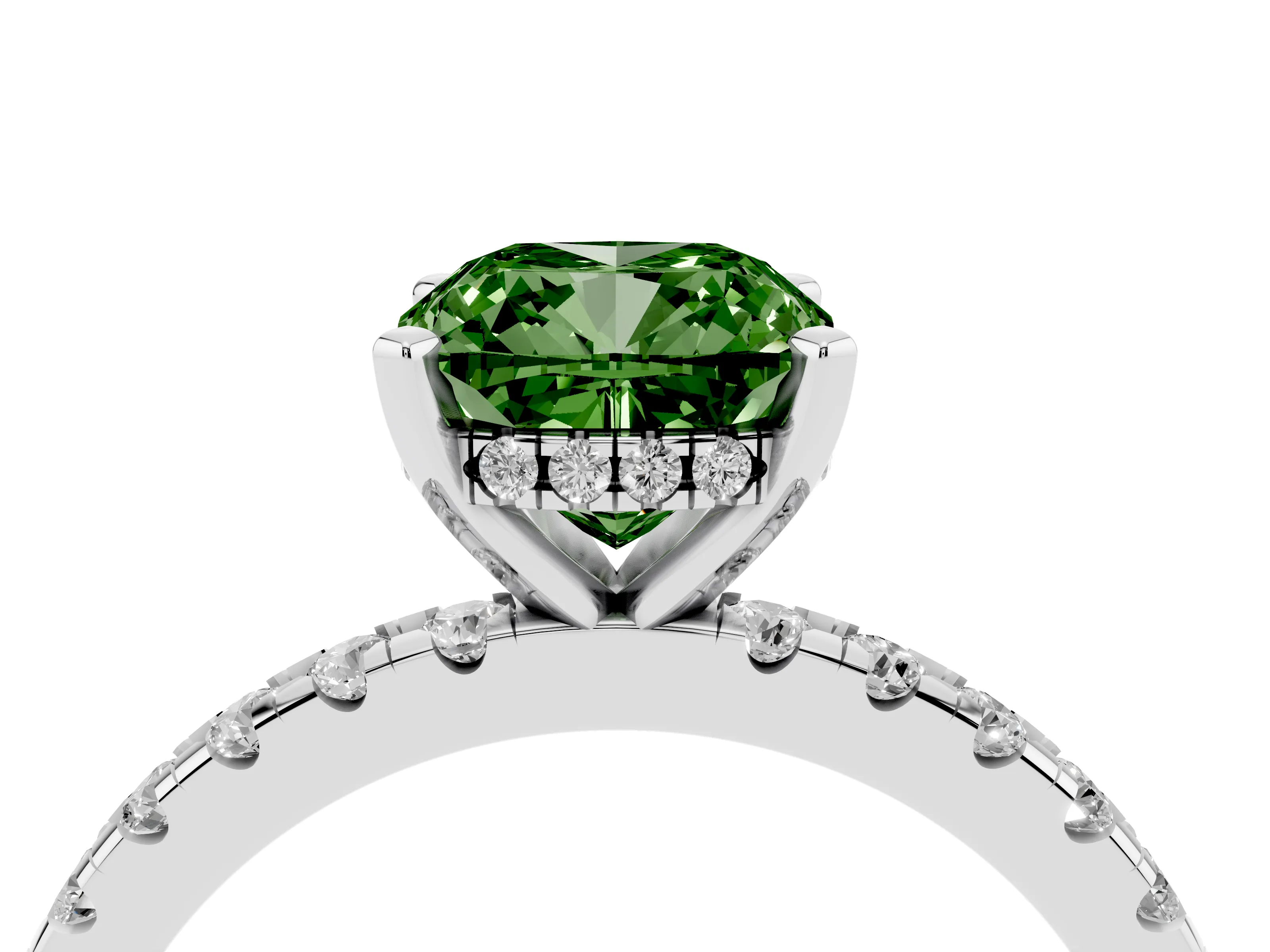 Fancy Green Cushion Cut Diamond Pavé Solitaire Ring Set in Platinum with Round Band Accents and Prong Setting