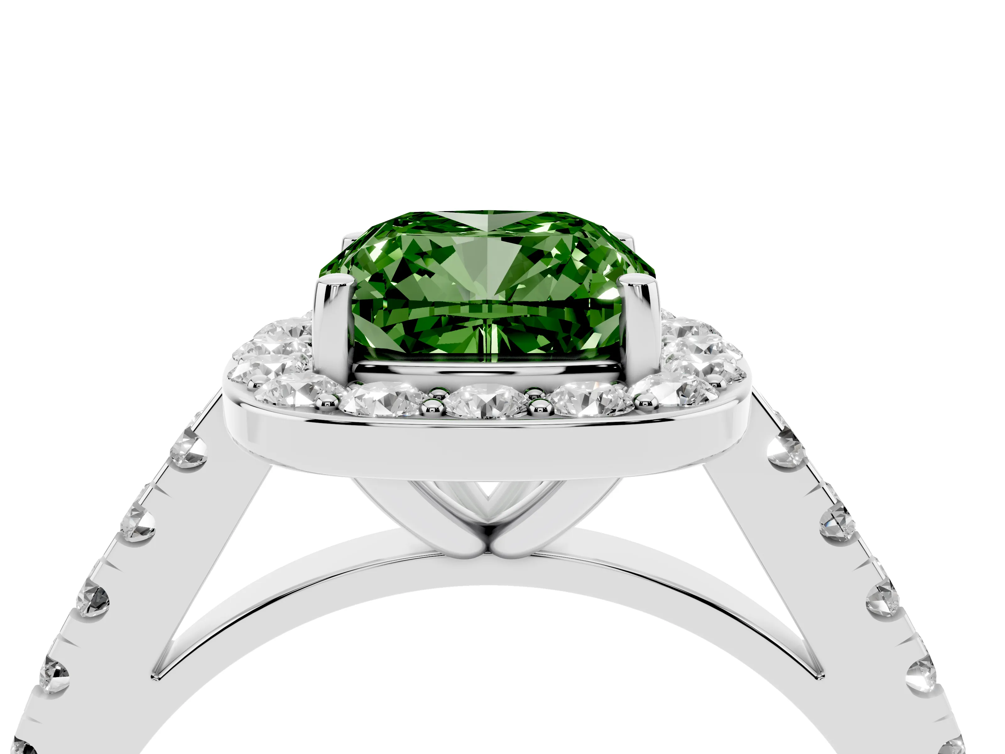 Fancy Green Cushion Cut Diamond Halo Ring Set in Platinum with Round Pavé Split Shank and Prong Setting