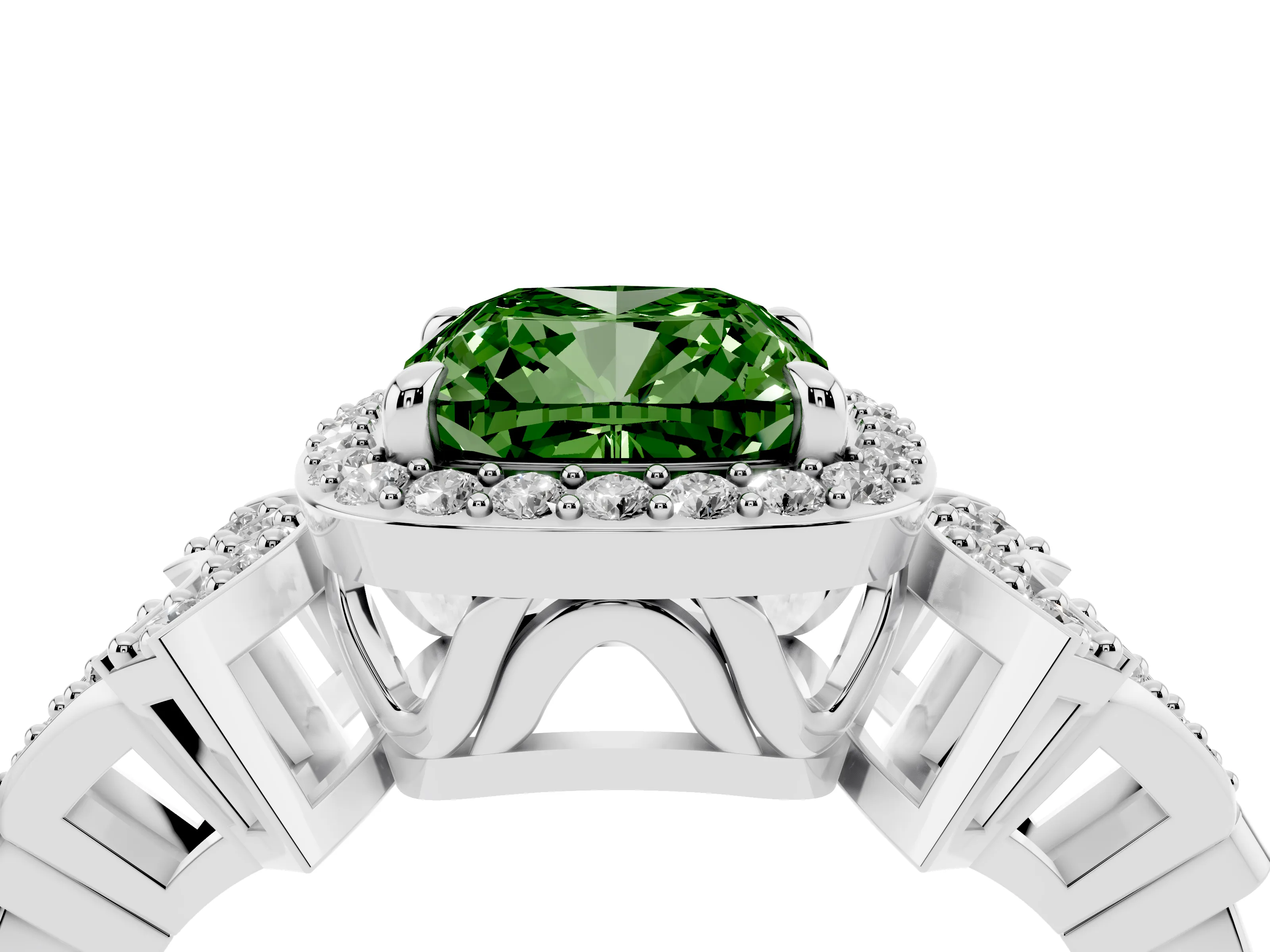 Fancy Green Cushion Cut Diamond Halo Engagement Ring Set in Silver with Accent Stone Split Shank