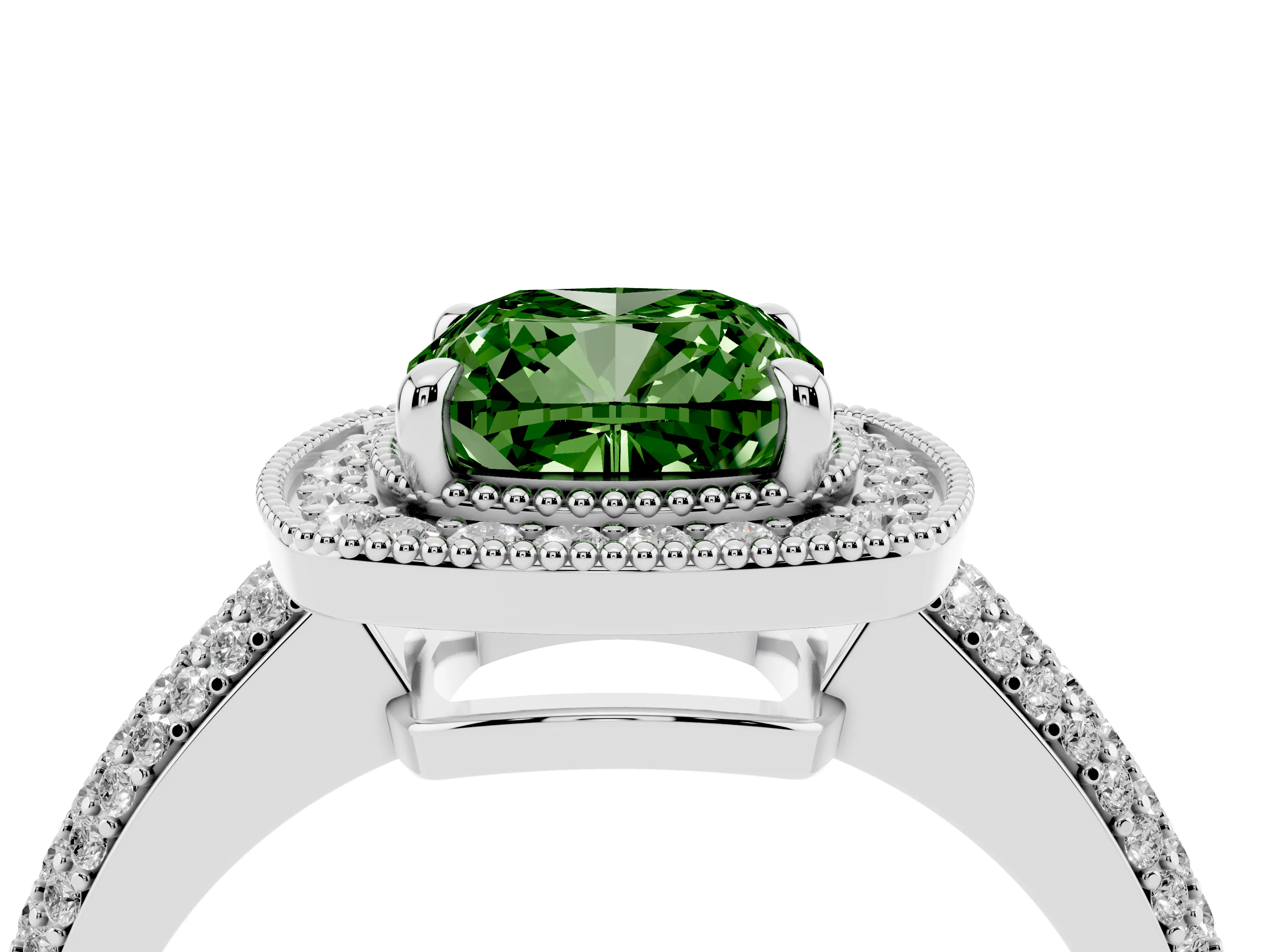 Fancy Green Cushion Cut Diamond Halo Pavé Band Set in Platinum with Prong Setting
