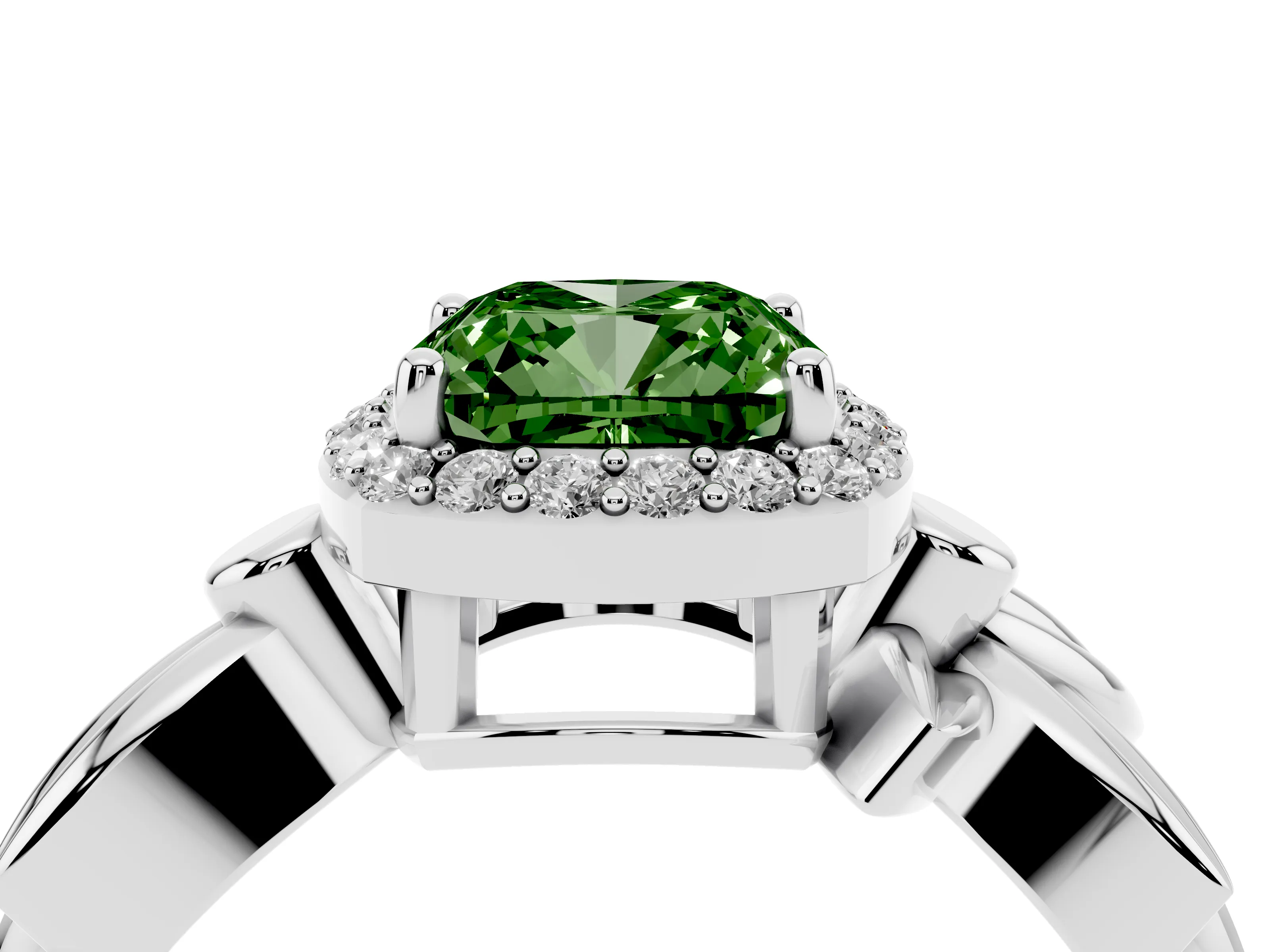 Fancy Green Cushion Cut Diamond Halo Floral Band Ring Set in Platinum with Prong Setting