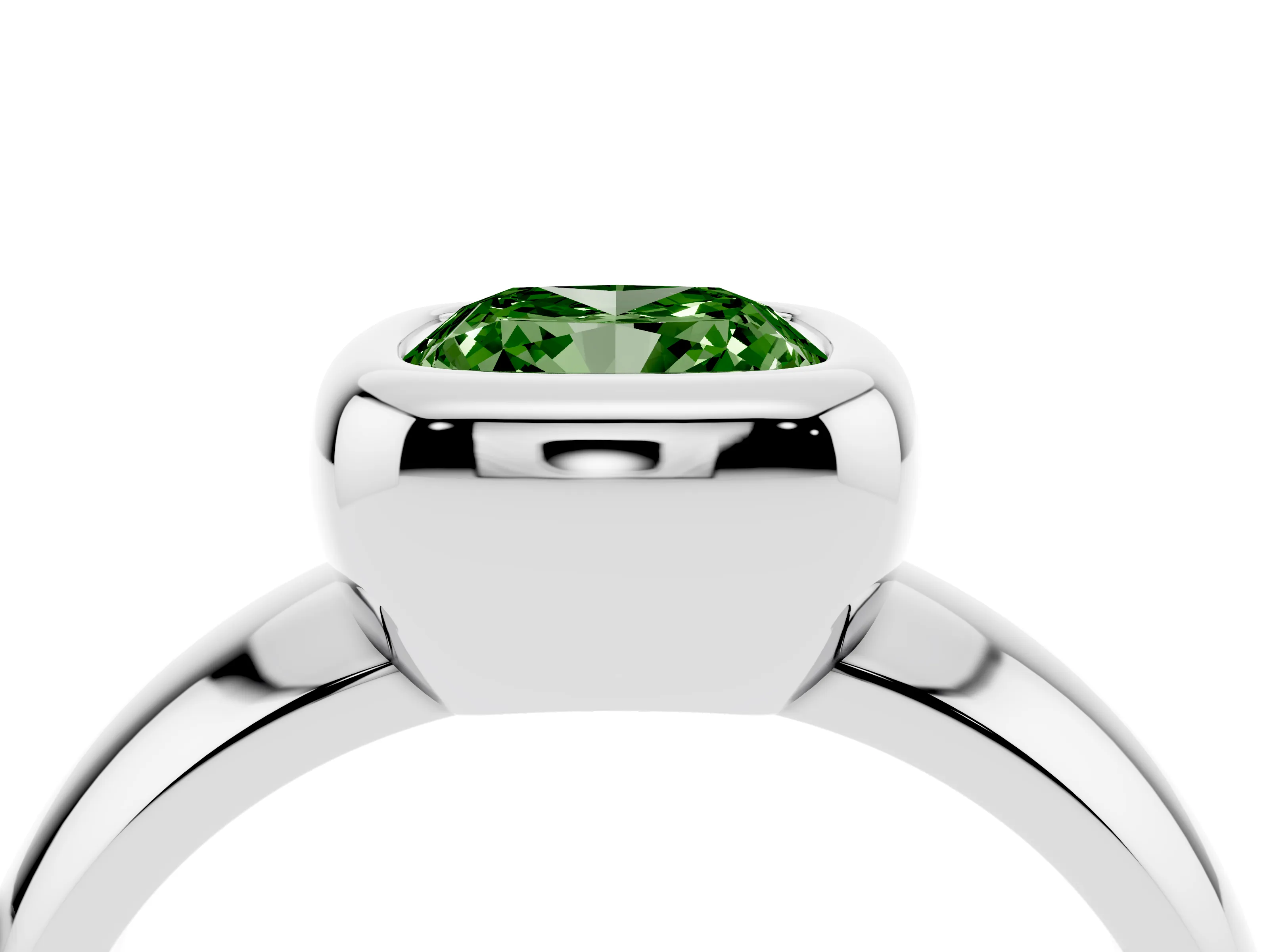 Fancy Green Bezel Set Cushion Cut Diamond Solitaire Ring Set in Silver with Wide Band
