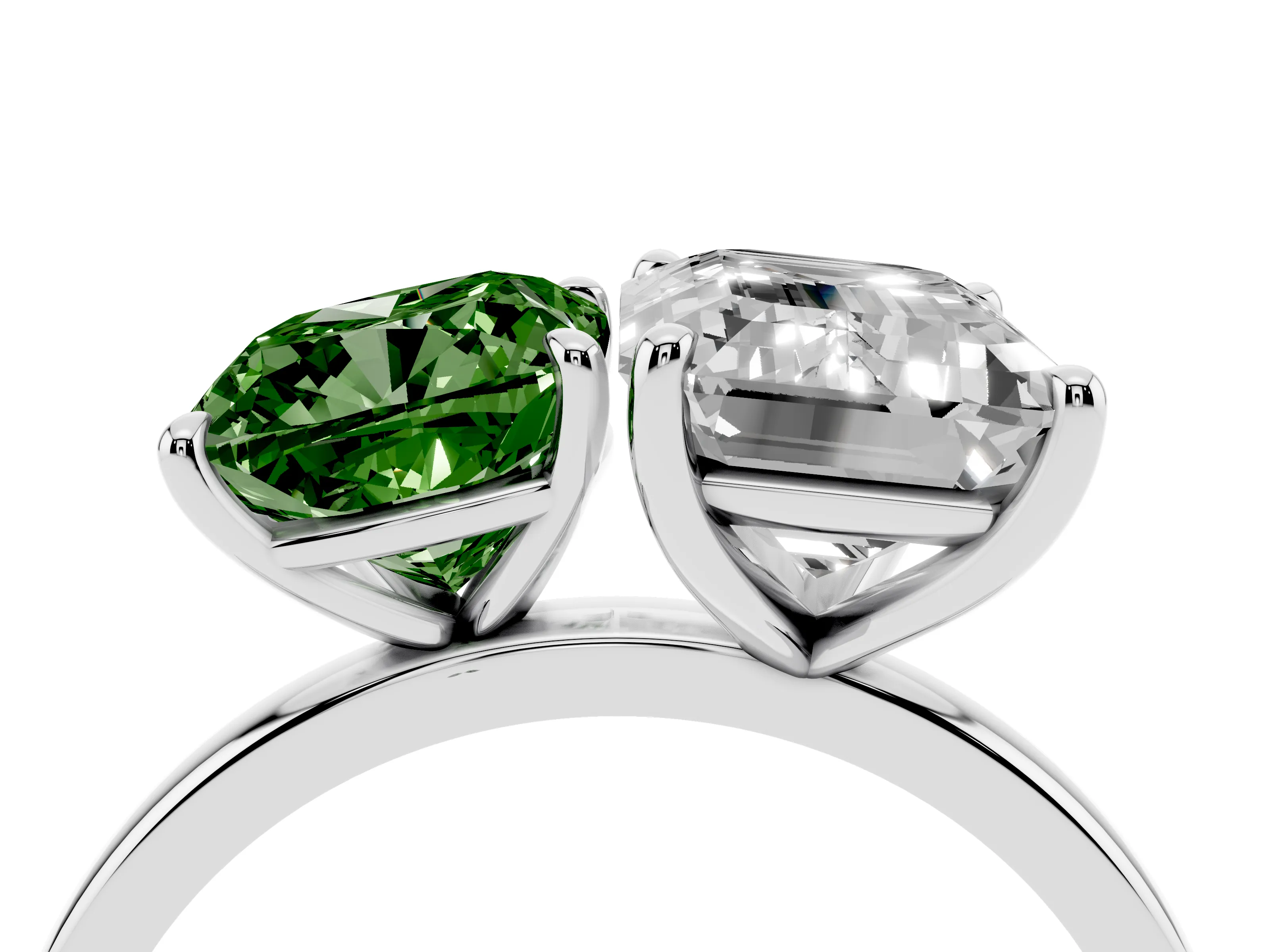 Fancy Green Cushion Cut and Emerald Cut Toi Moi Ring Set in Platinum with Prong Setting