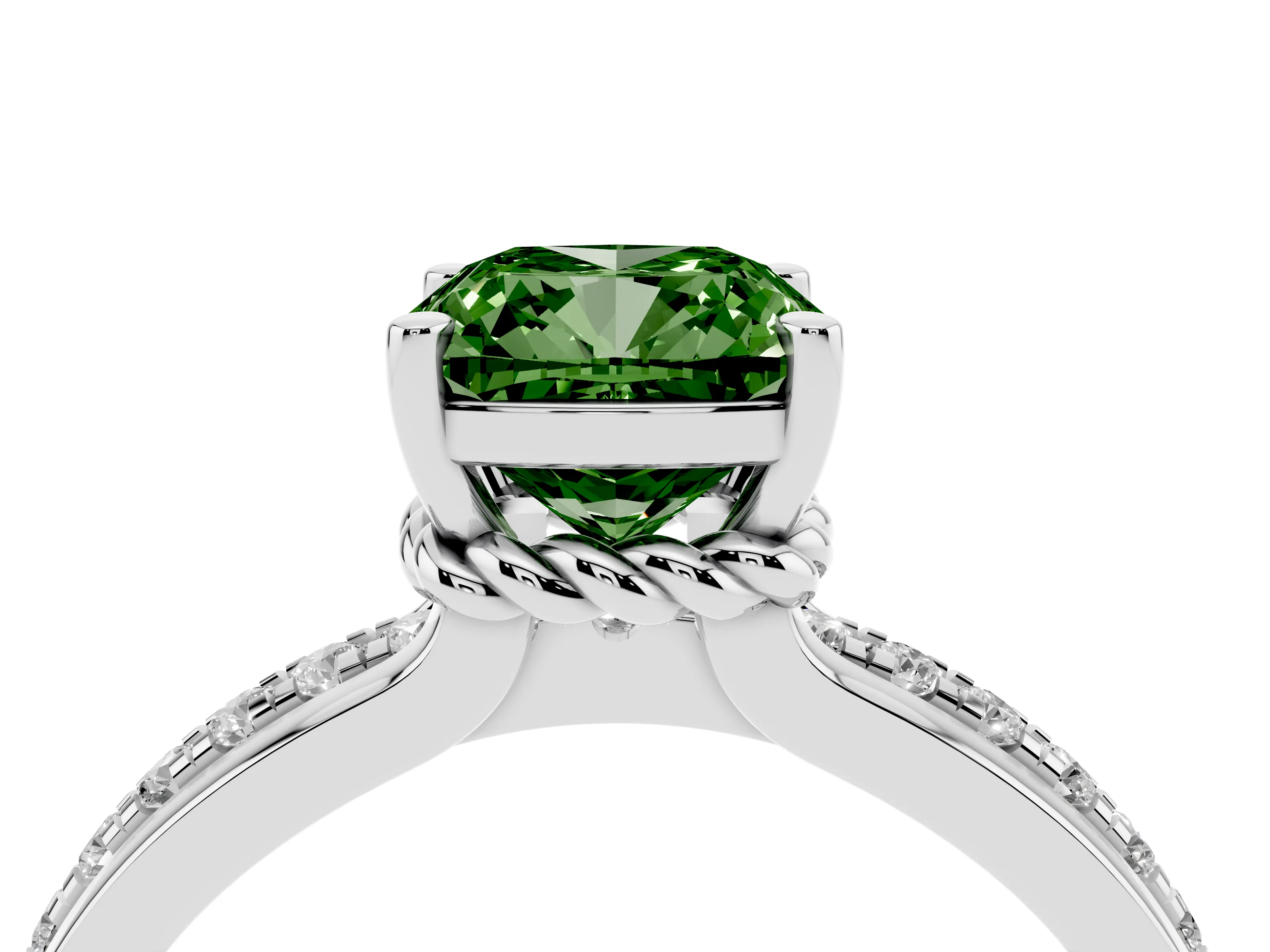 Fancy Green Cushion Cut Diamond Solitaire Ring Set in Silver with Channel Set Band and Prong Setting