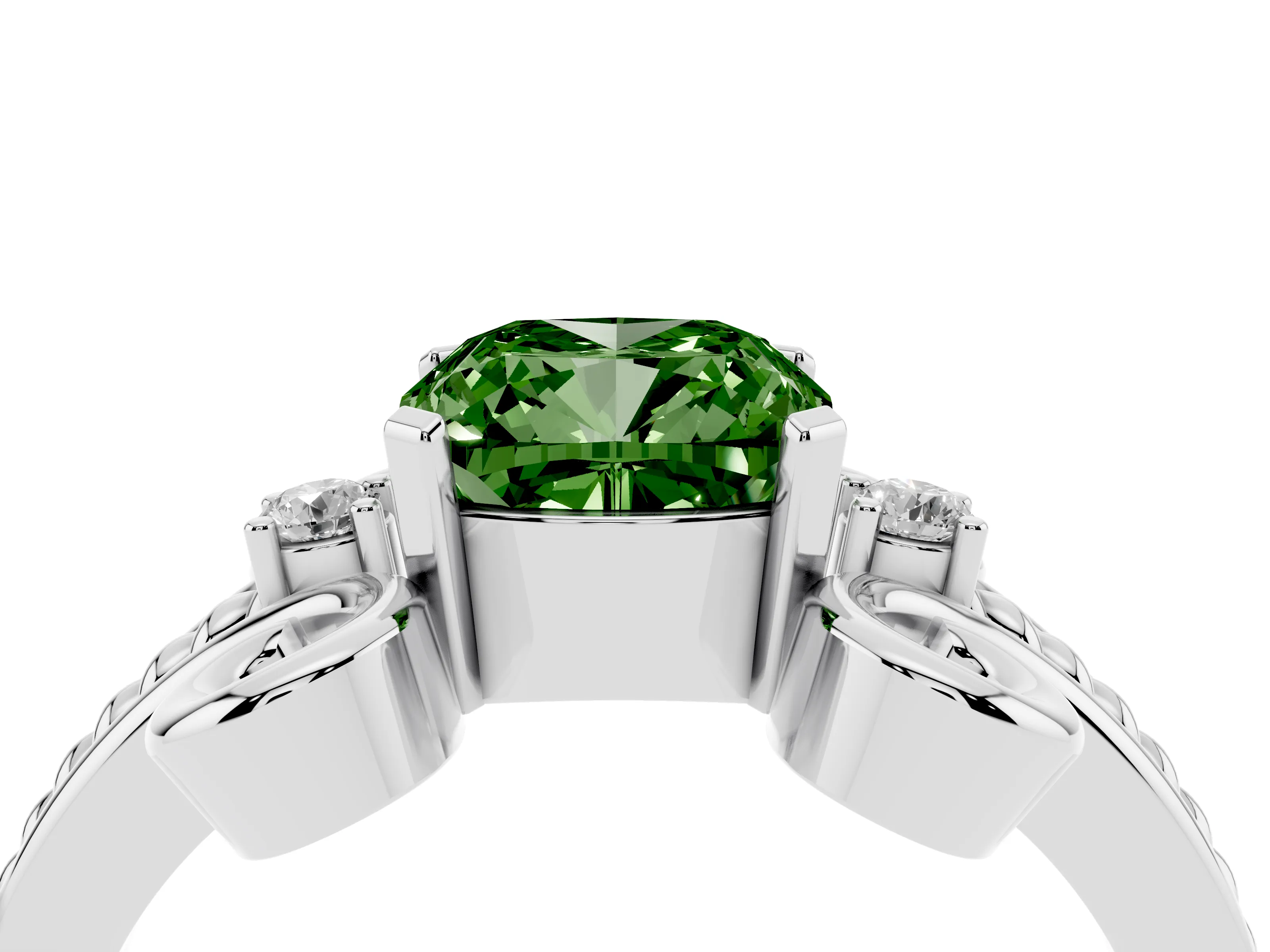 Fancy Green Cushion Cut Diamond Twisted Band Solitaire Ring Set in White gold with Scroll Prongs