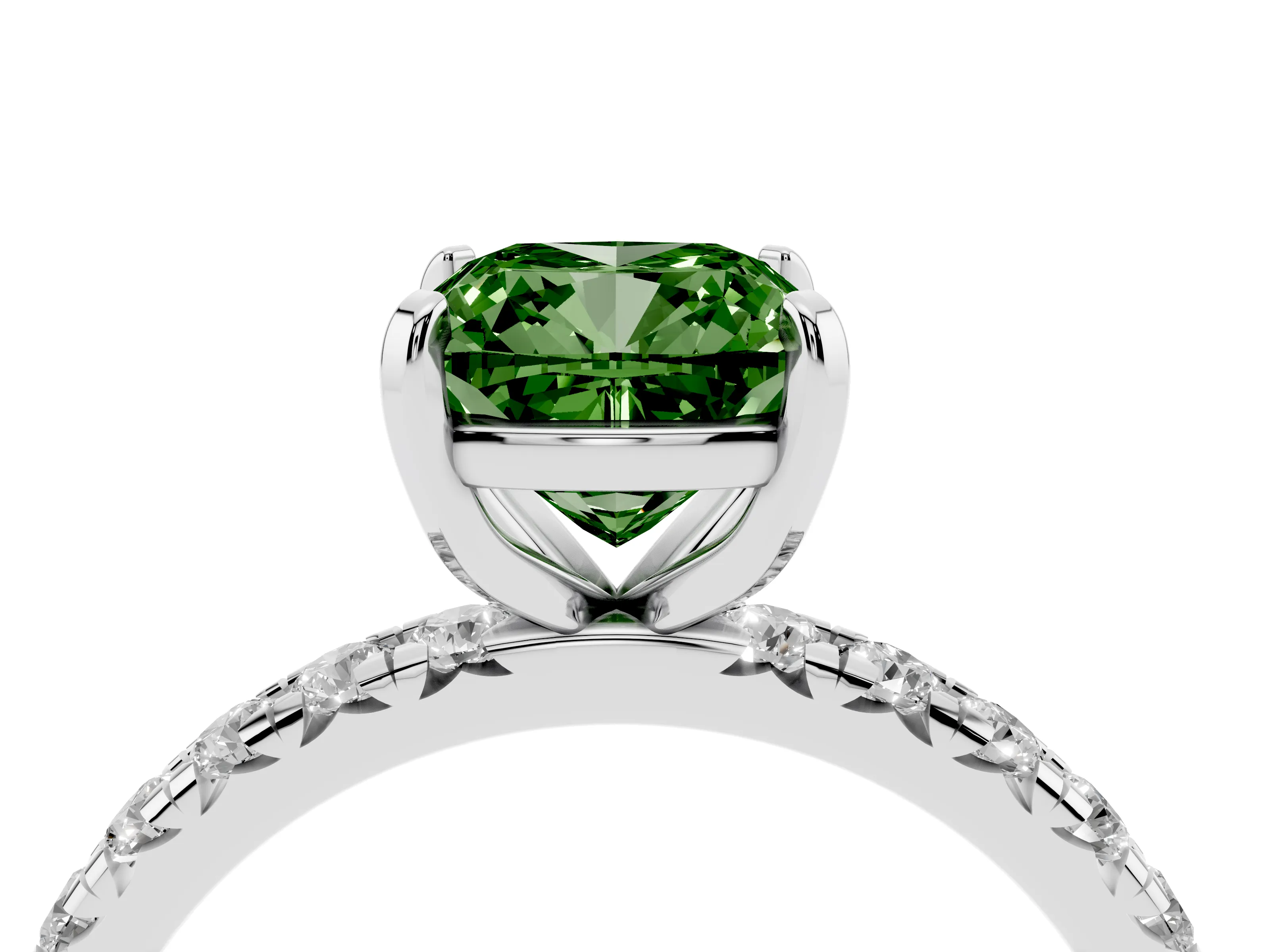 Fancy Green Cushion Cut Diamond Pavé Solitaire Ring Set in White gold with Round Band and Prong Setting