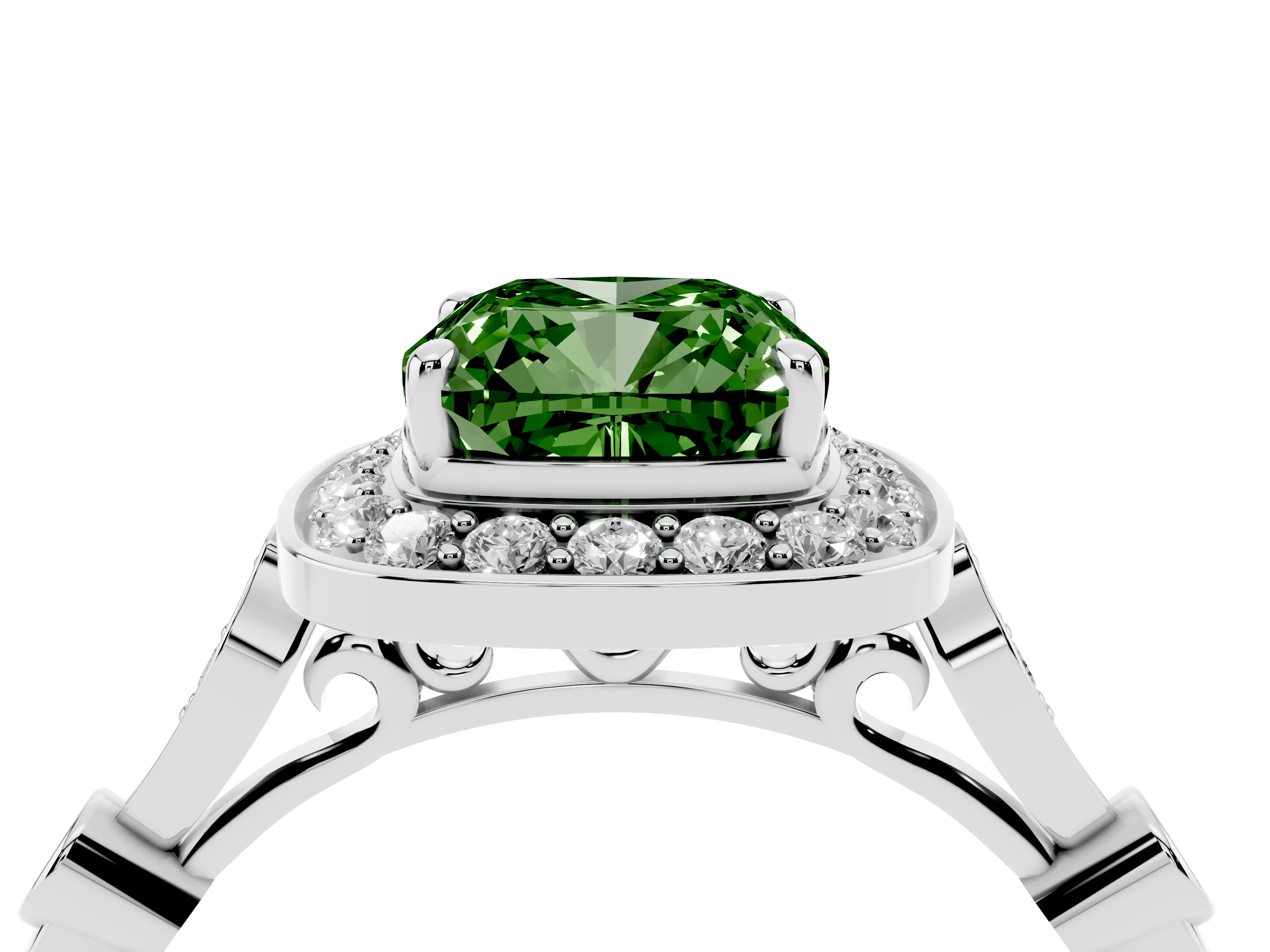 Fancy Green Cushion Cut Diamond Halo Engagement Ring Set in Silver with Twisted Band and Prong Setting