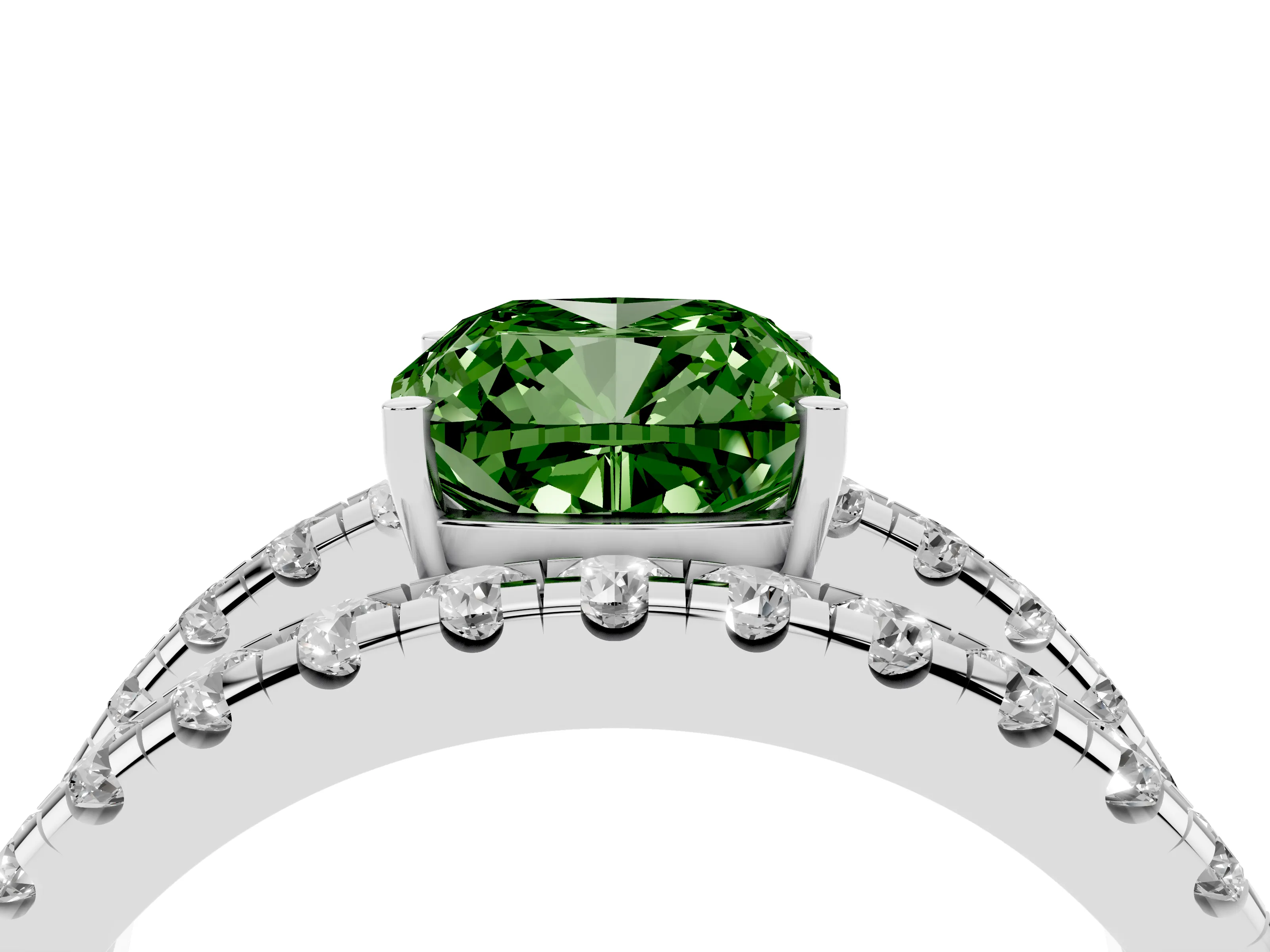 Fancy Green Cushion Cut Diamond Split Shank Pavé Solitaire Ring Set in Platinum with Open Shank Design