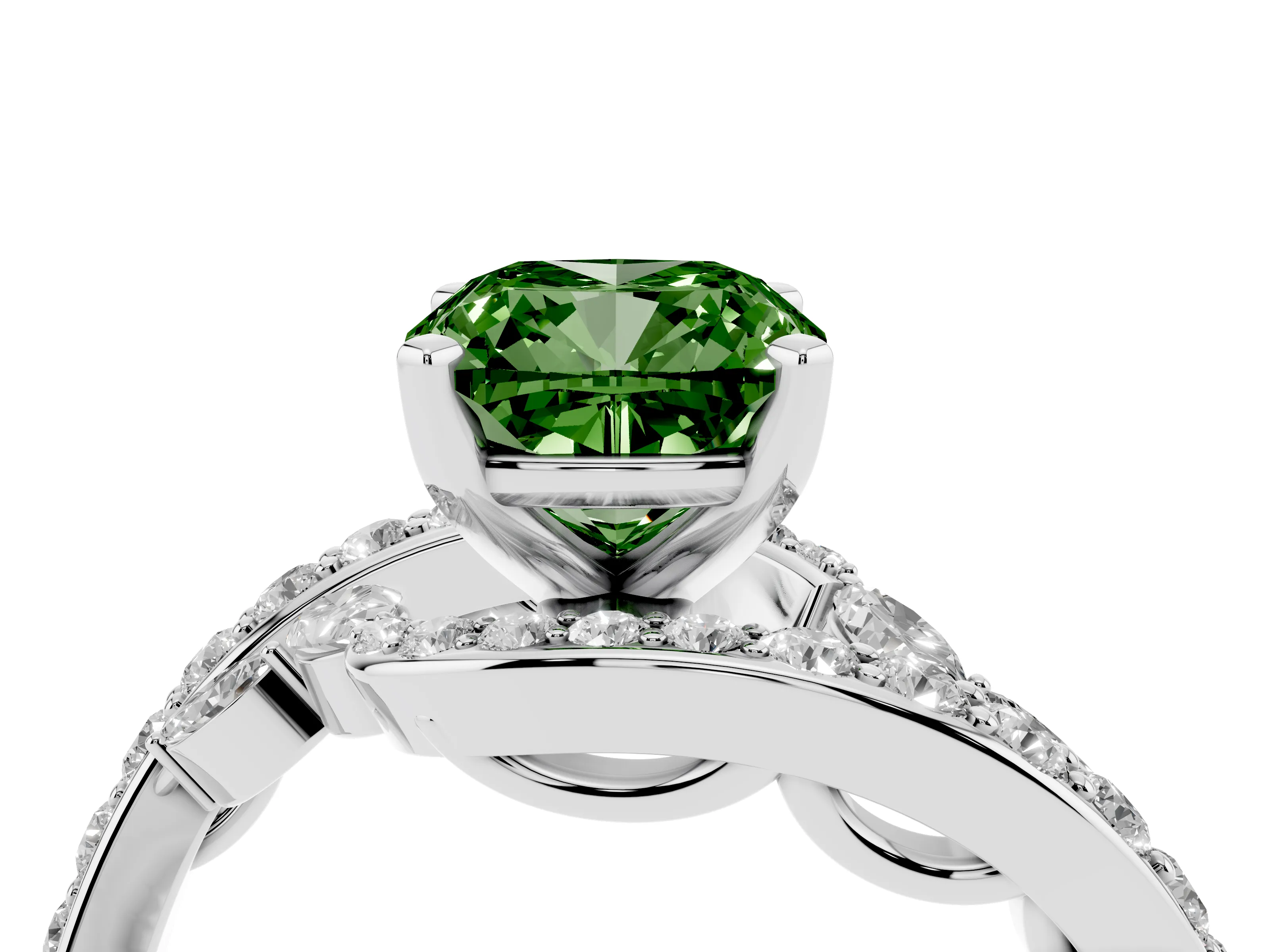 Fancy Green Cushion Cut Diamond Solitaire Ring Set in Platinum with Filigree Band and Prong Setting