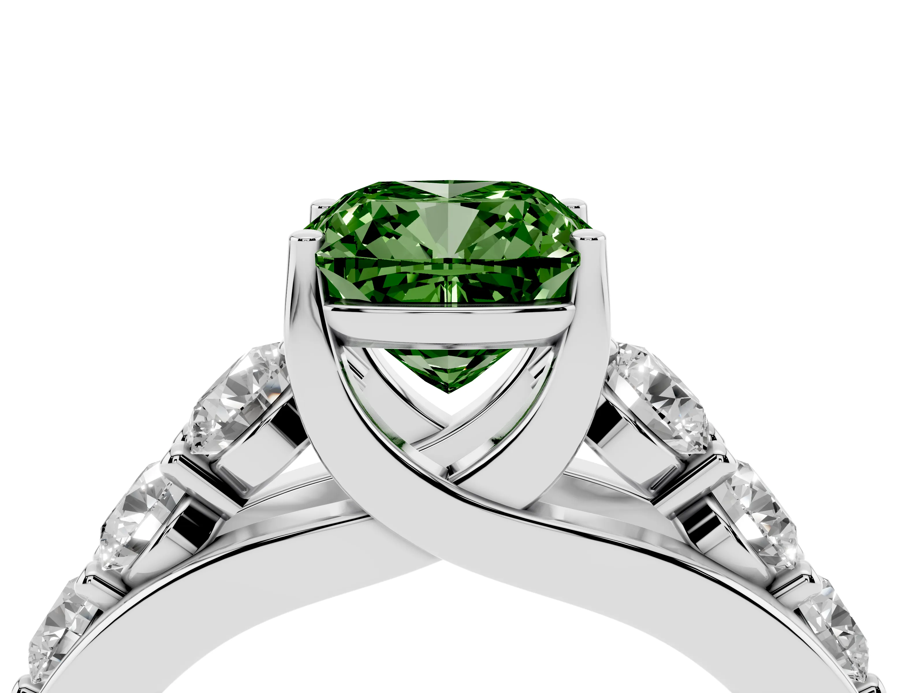 Fancy Green Cushion Cut Diamond Pavé Engagement Ring Set in Platinum with Prong Setting