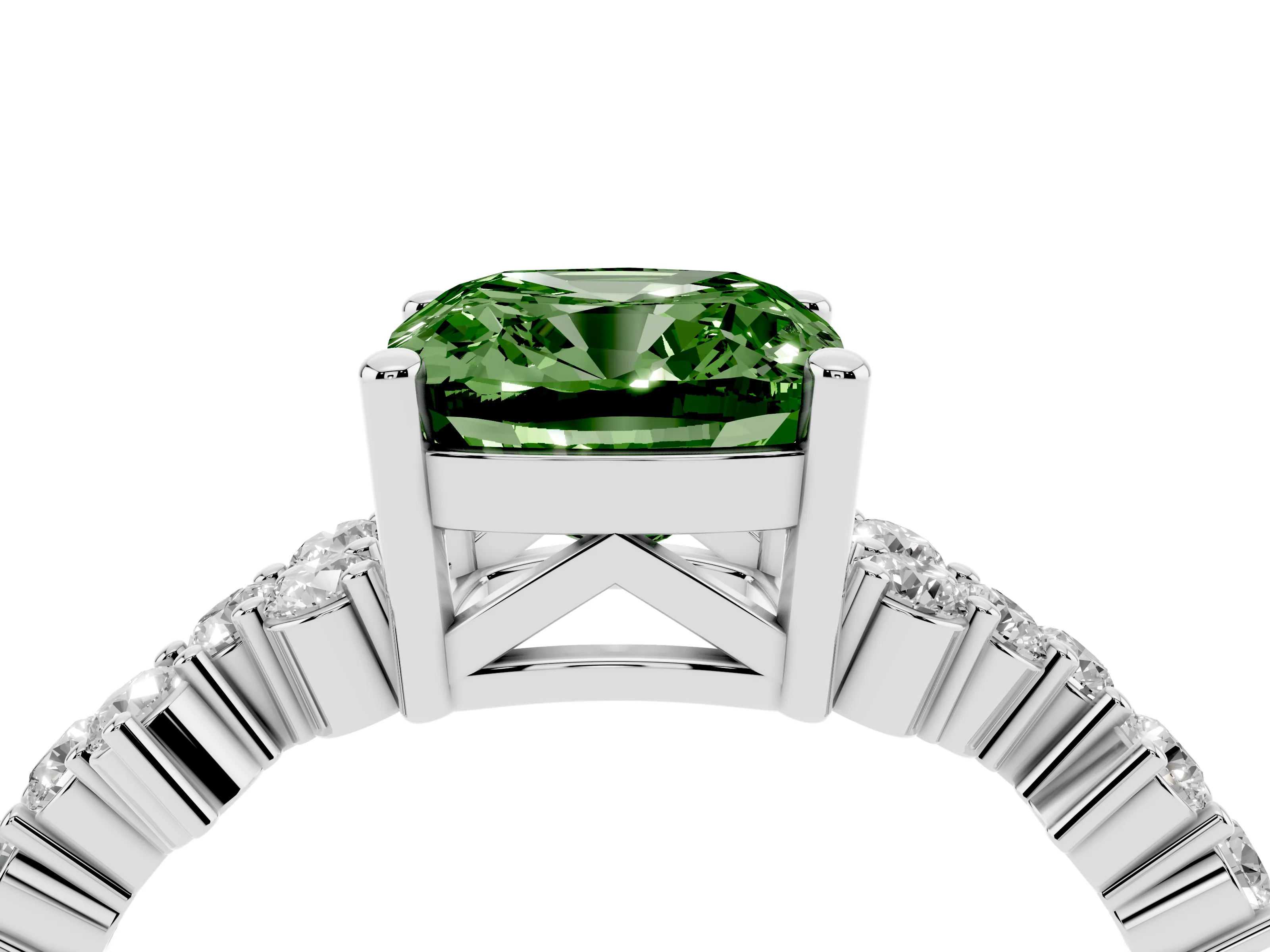 Fancy Green Cushion Cut Diamond Ring Set in White gold with Scattered Round Accents