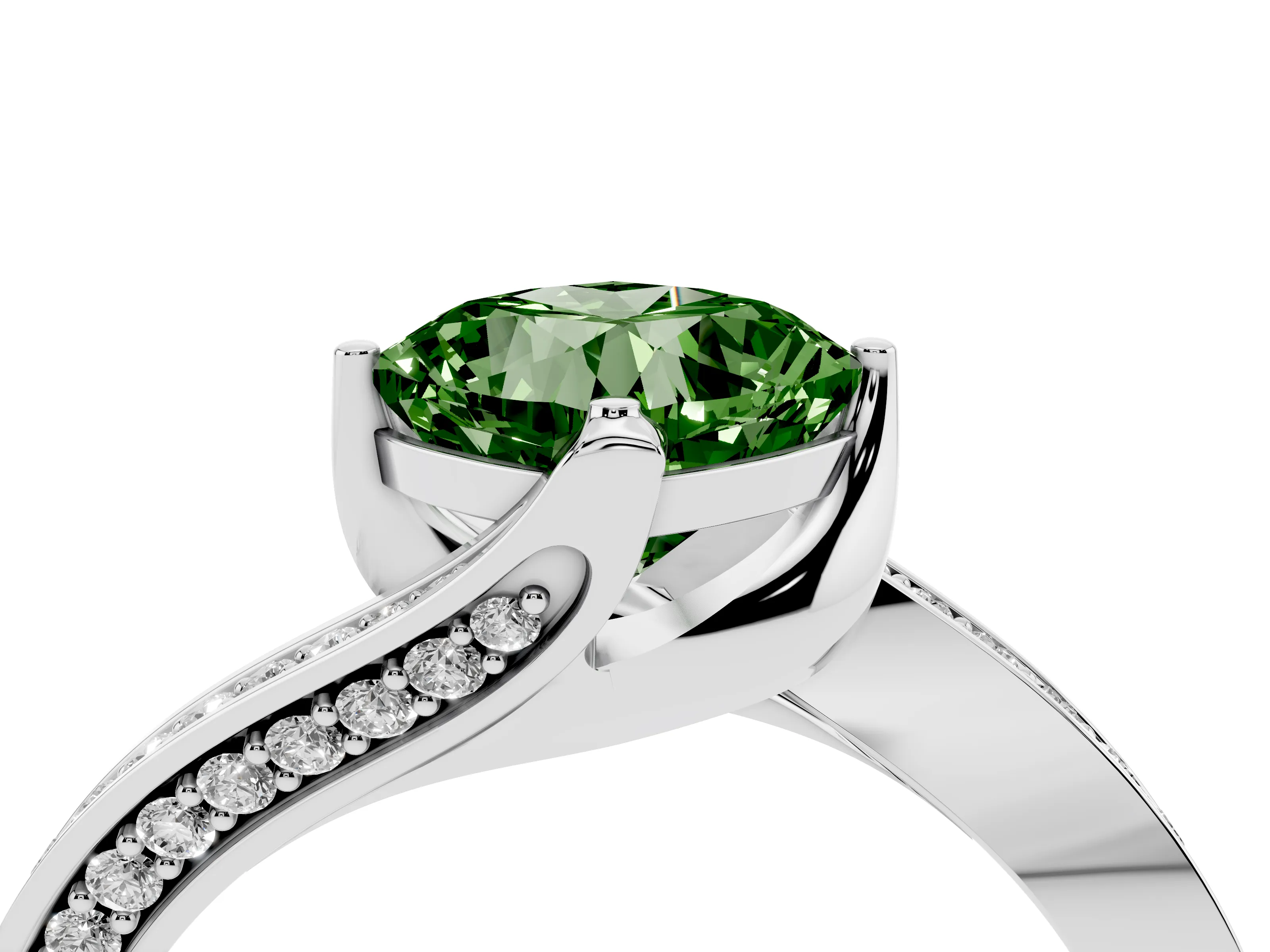 Fancy Green Cushion Cut Diamond Solitaire Ring Set in Platinum with Intertwined Pavé Twist Band