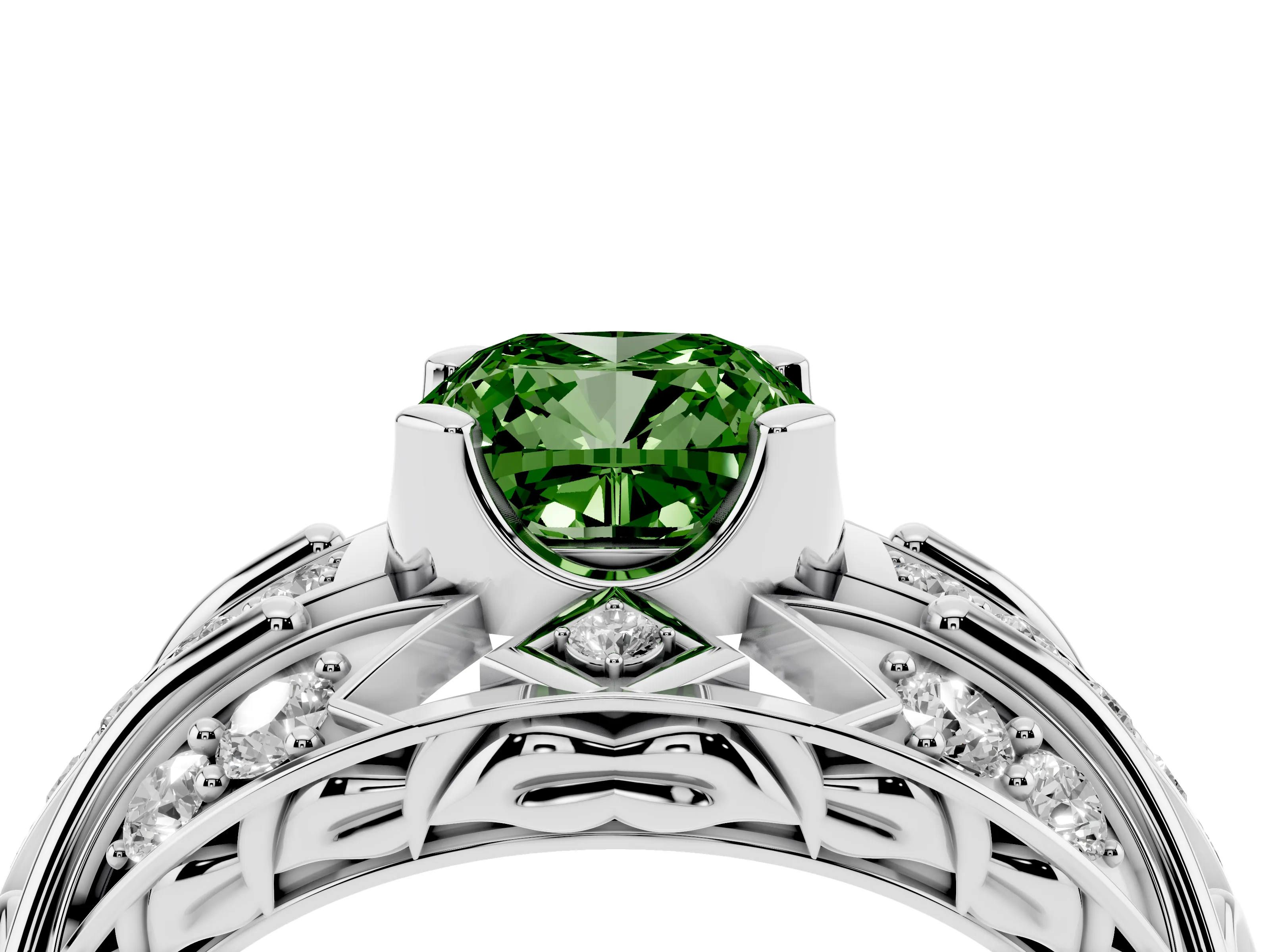 Fancy Green Cushion Cut Diamond Art Deco Ring Set in Platinum with Pavé Split Shank