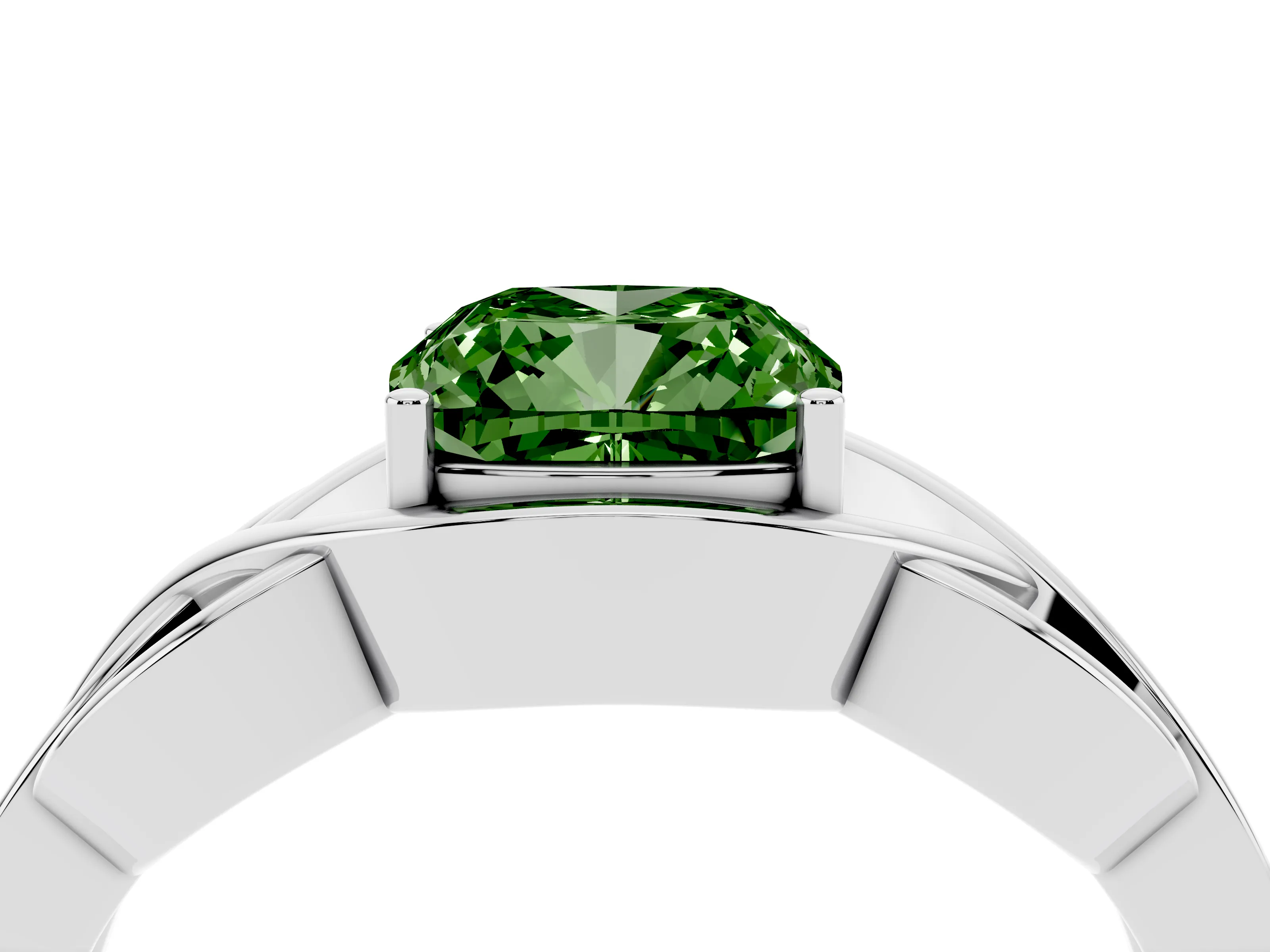 Fancy Green Cushion Cut Diamond Solitaire Ring Set in Silver with Intertwined Band