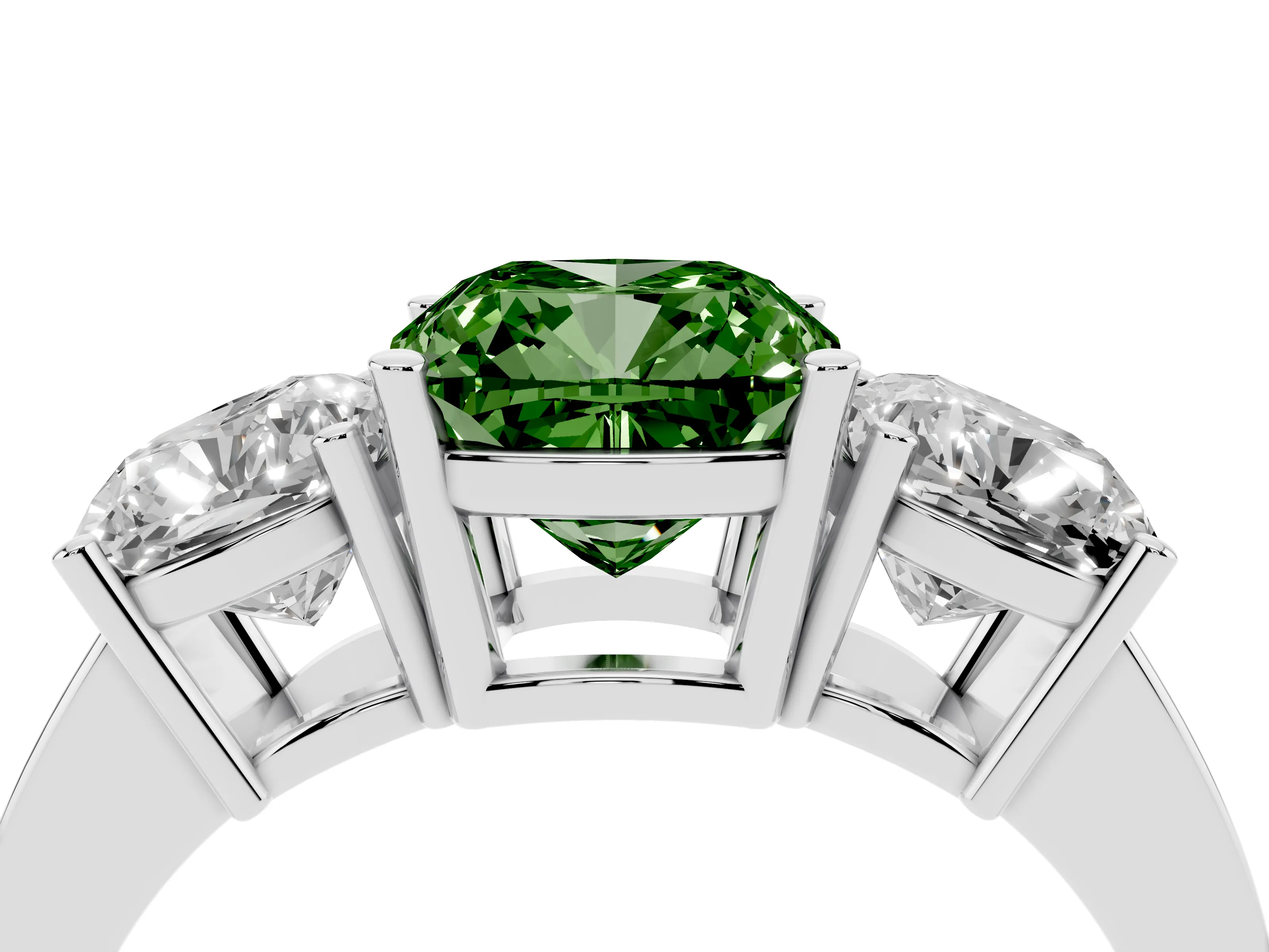 Fancy Green Cushion Cut Diamond Three-Stone Engagement Ring Set in Silver with Flat Band