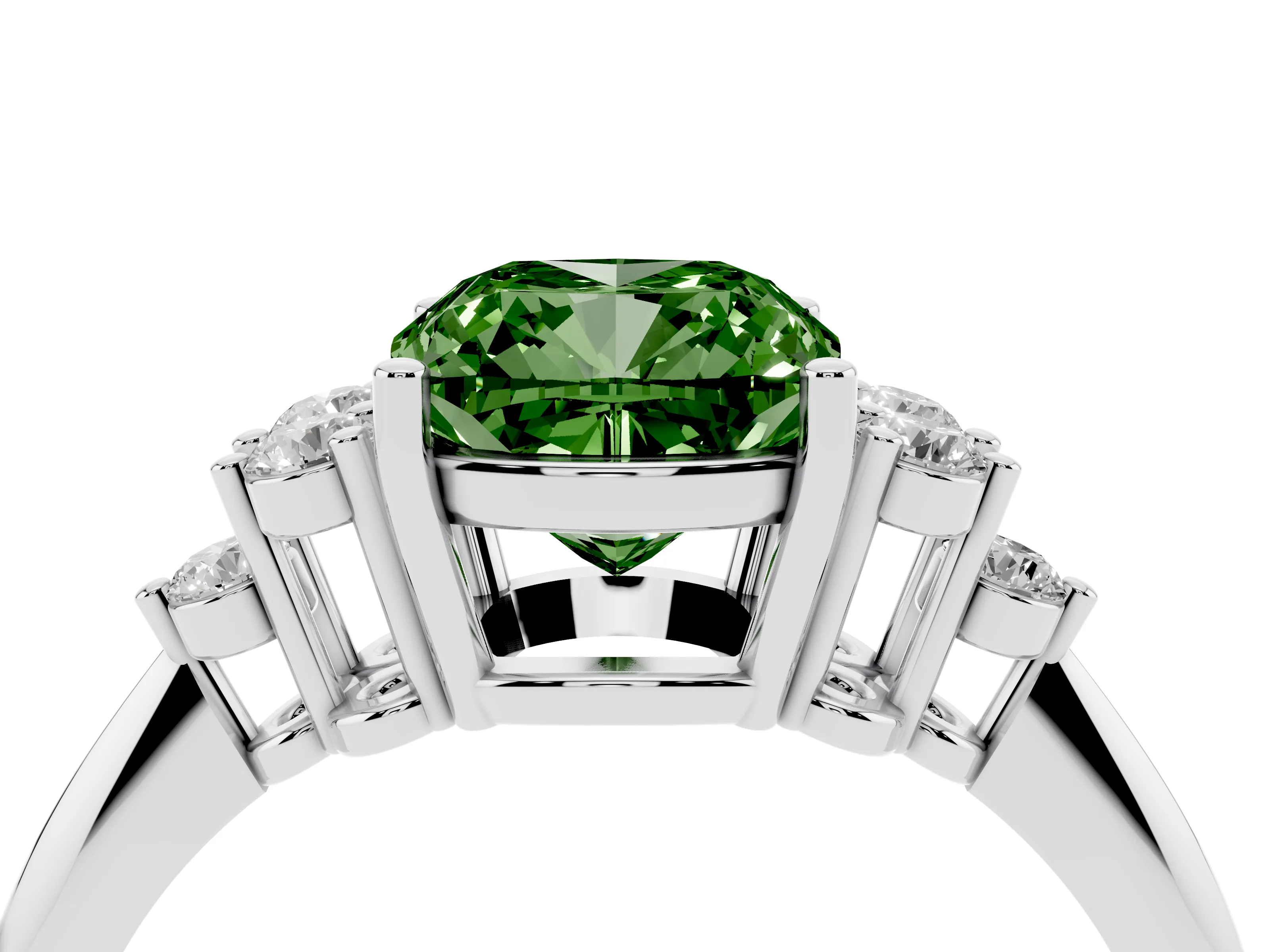 Fancy Green Cushion Cut Diamond Cluster Ring Set in White gold with Plain Band and Prong Setting